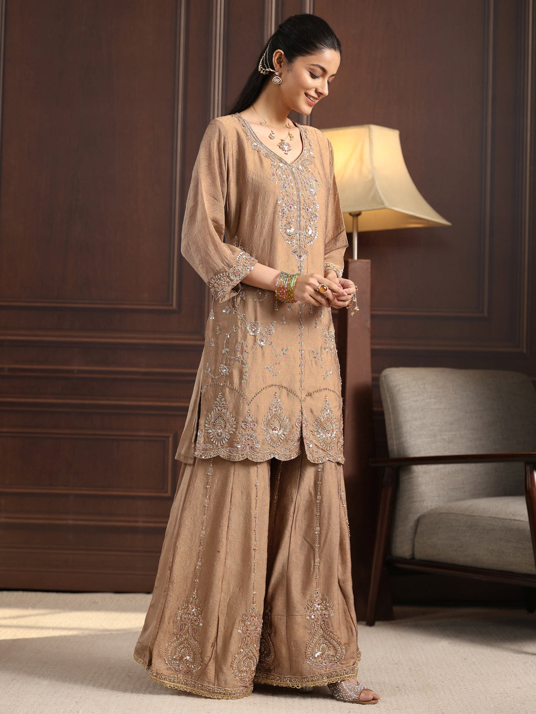  Libas Art Beige Floral Sequin Embellished Silk Blend Sharara Suit Set 