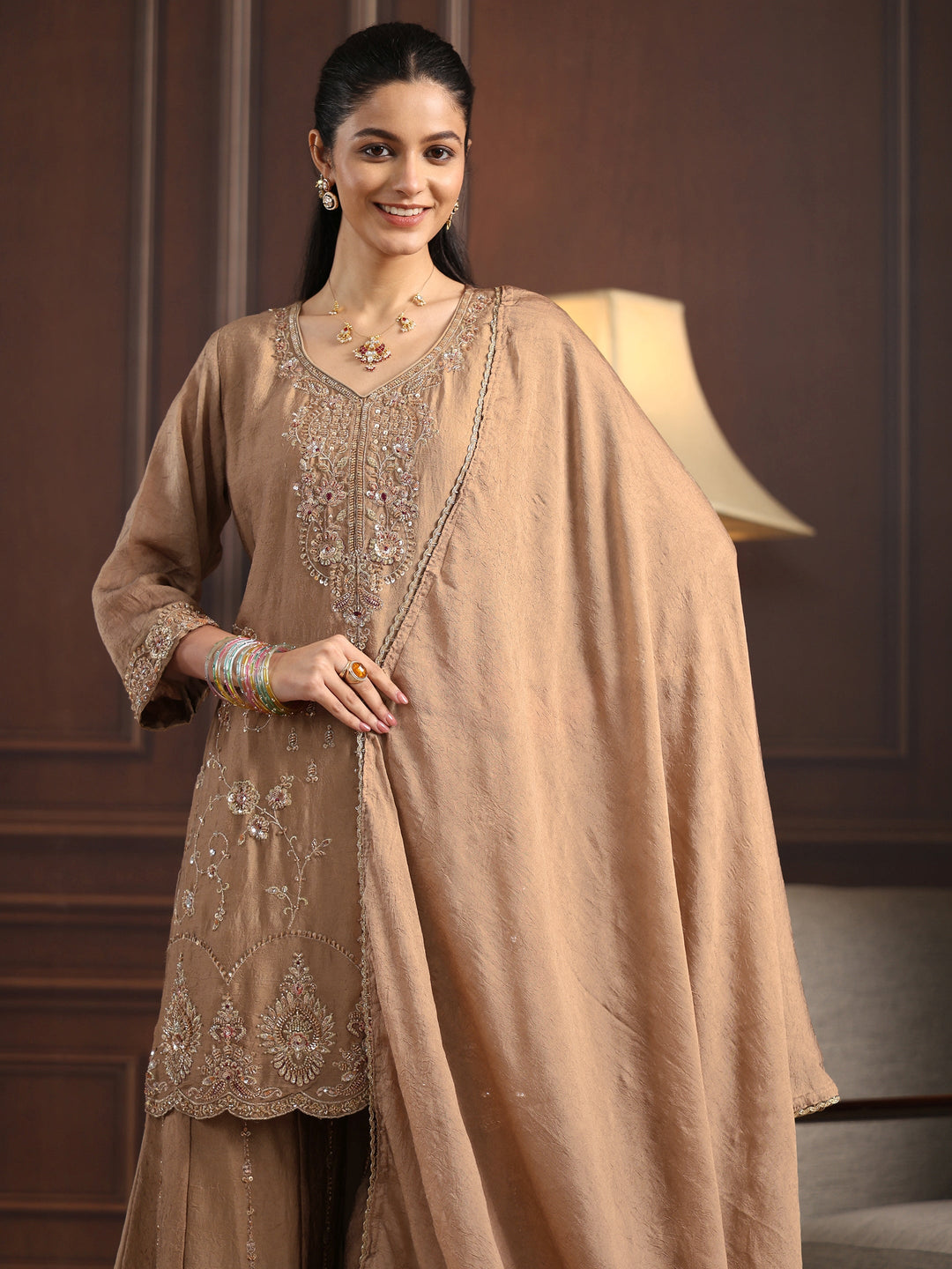  Libas Art Beige Floral Sequin Embellished Silk Blend Sharara Suit Set 