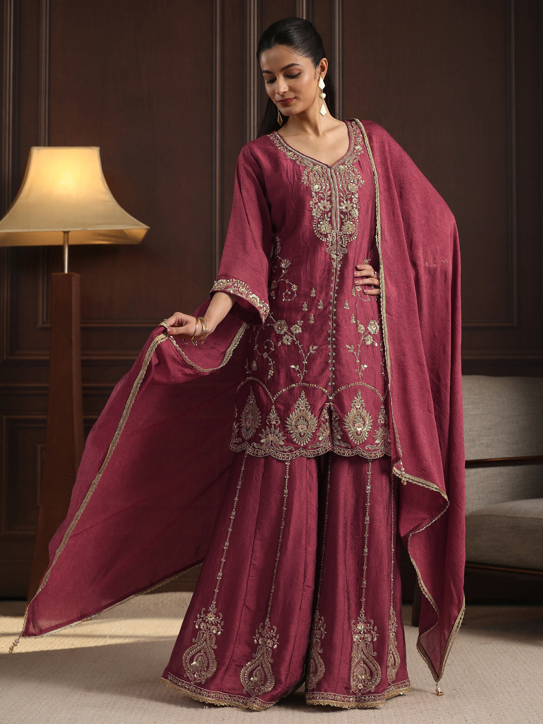  Libas Art Pink Floral Sequin Embellished Silk Blend Sharara Suit Set 