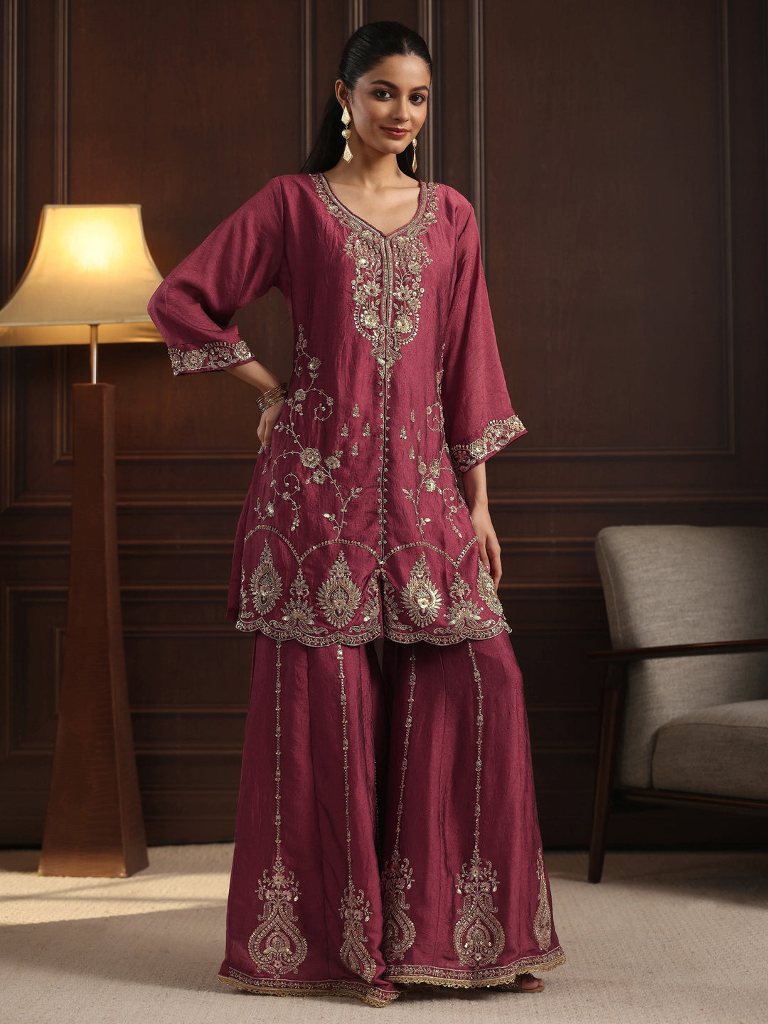  Libas Art Pink Floral Sequin Embellished Silk Blend Sharara Suit Set 