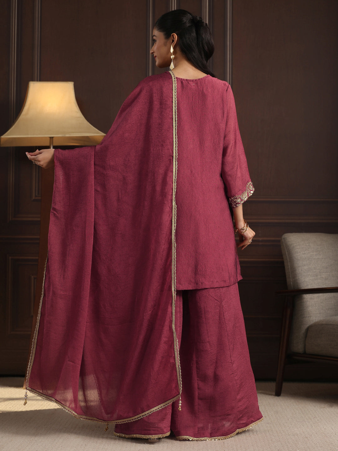  Libas Art Pink Floral Sequin Embellished Silk Blend Sharara Suit Set 