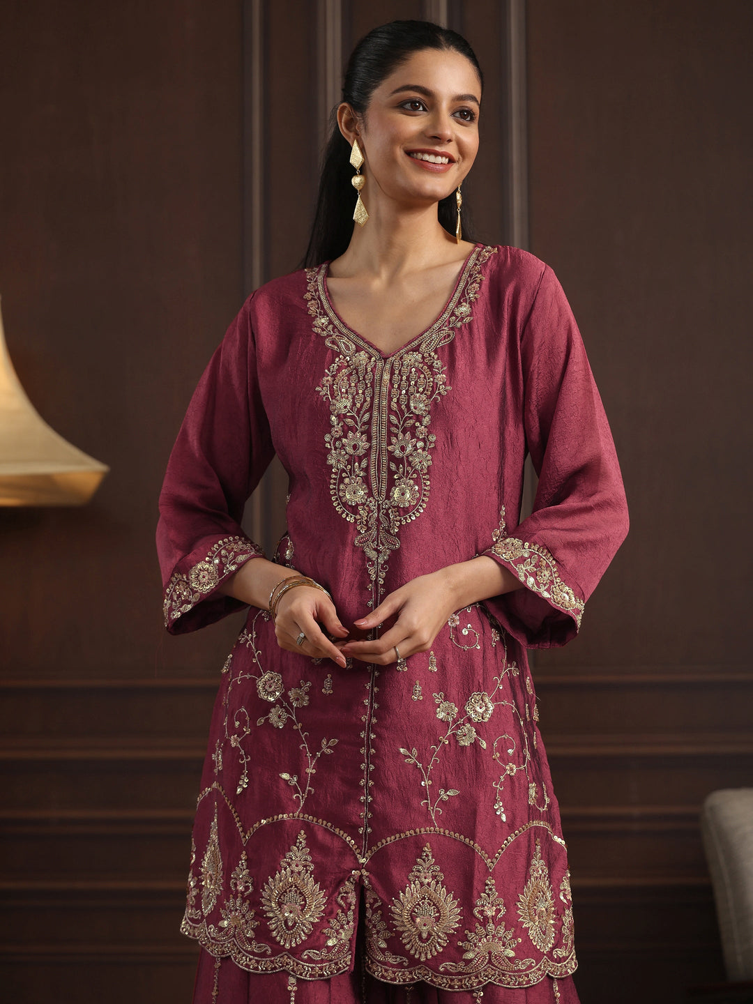  Libas Art Pink Floral Sequin Embellished Silk Blend Sharara Suit Set 