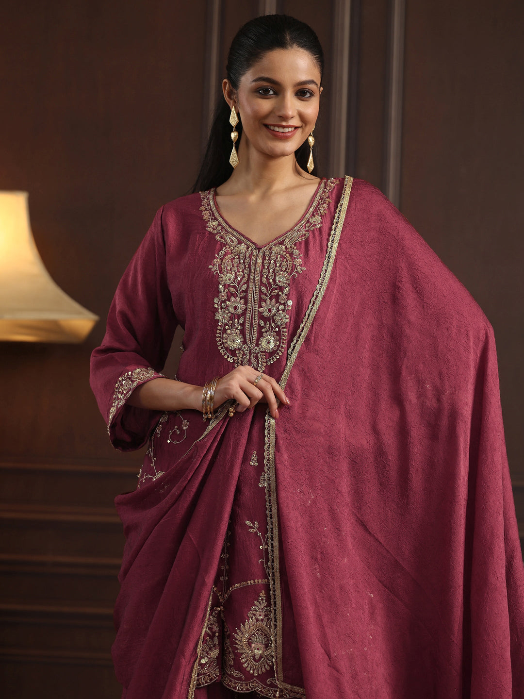  Libas Art Pink Floral Sequin Embellished Silk Blend Sharara Suit Set 
