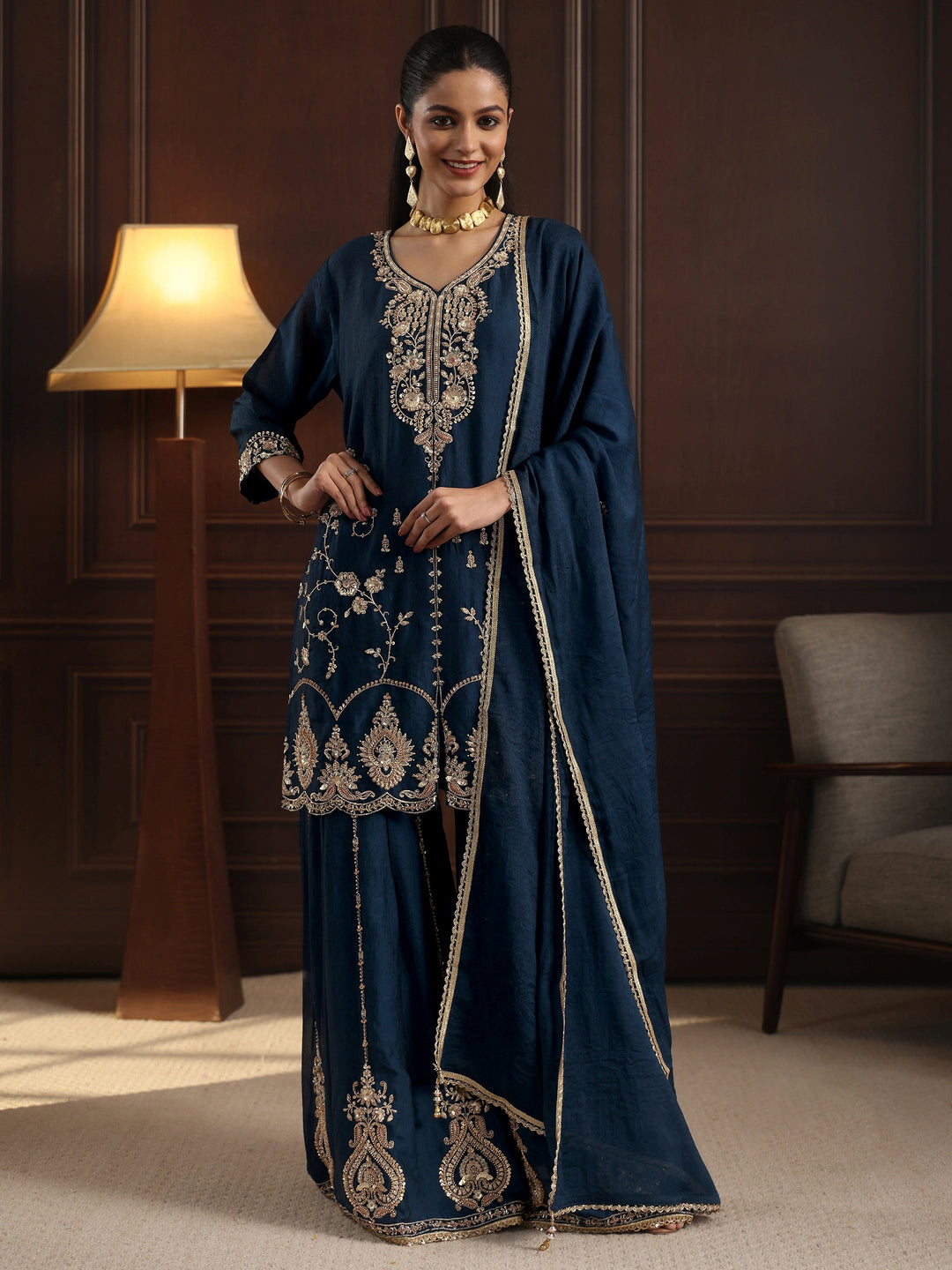  Libas Art Blue Floral Sequin Embellished Silk Blend Sharara Suit Set 