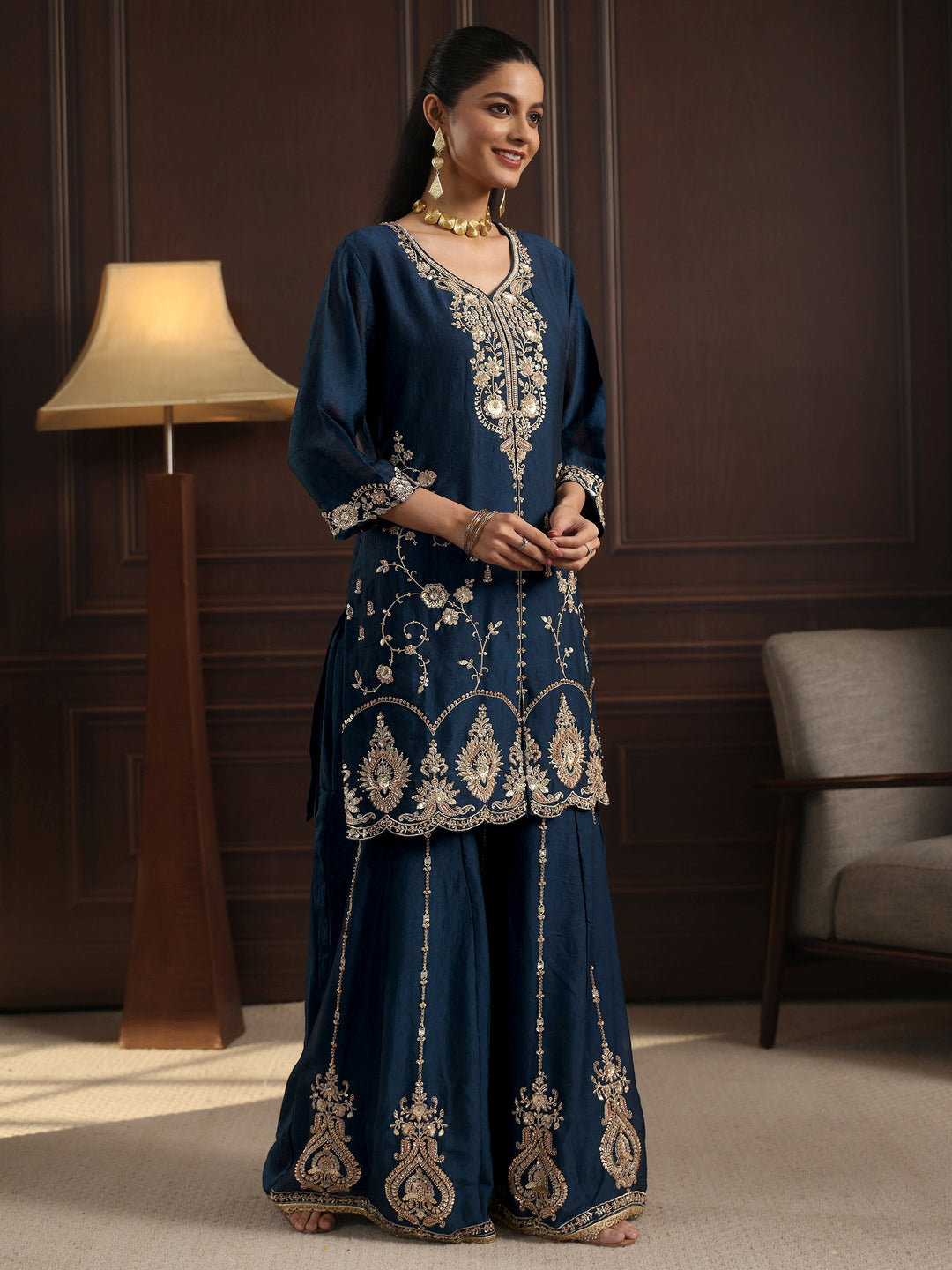  Libas Art Blue Floral Sequin Embellished Silk Blend Sharara Suit Set 