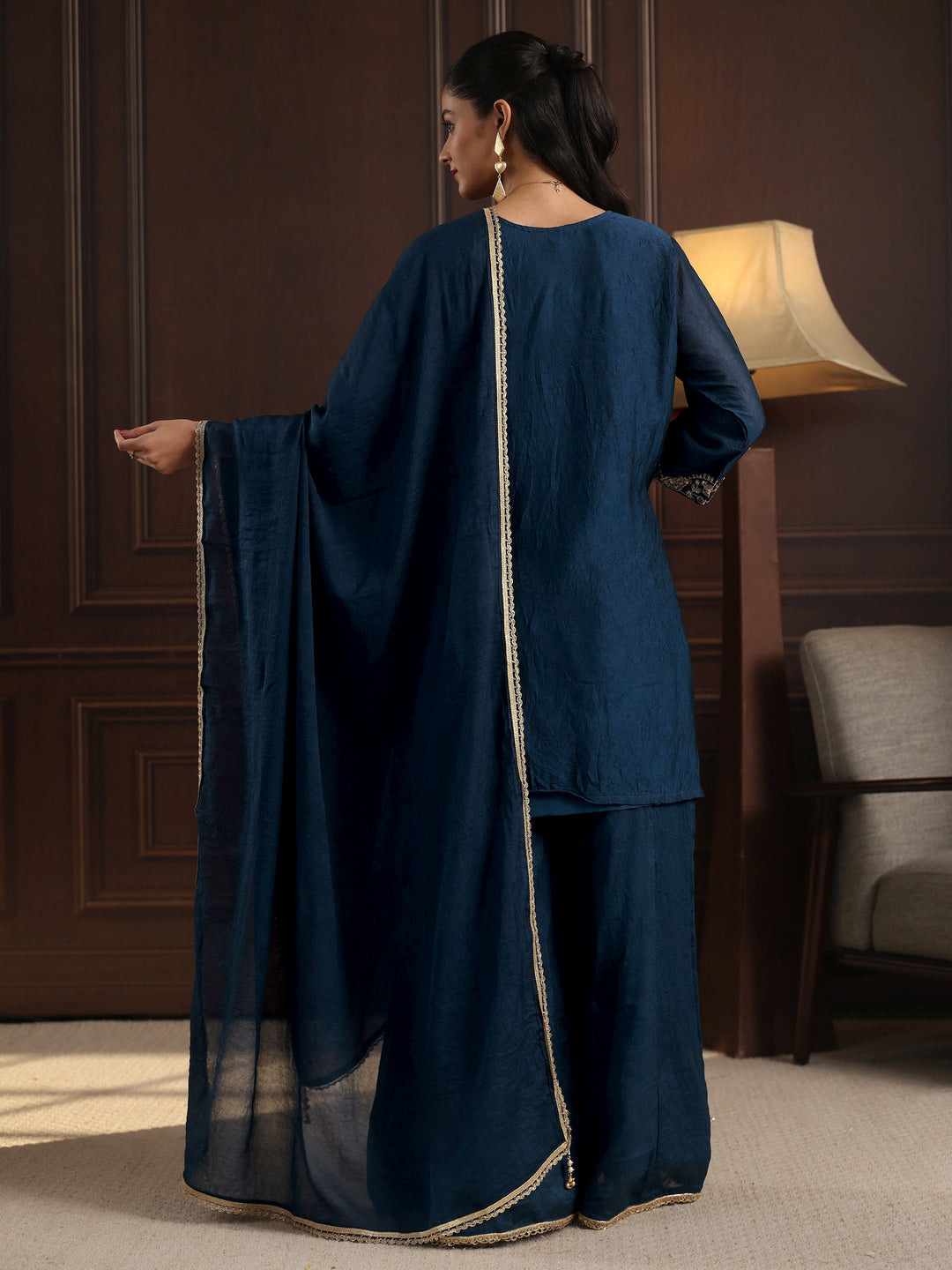  Libas Art Blue Floral Sequin Embellished Silk Blend Sharara Suit Set 