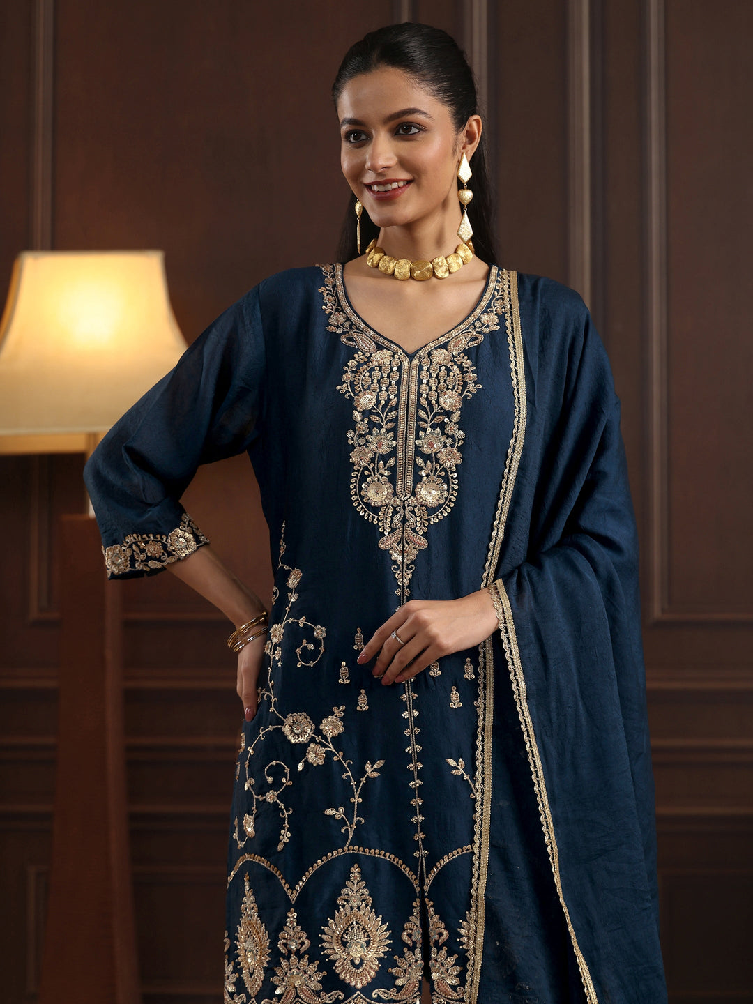  Libas Art Blue Floral Sequin Embellished Silk Blend Sharara Suit Set 
