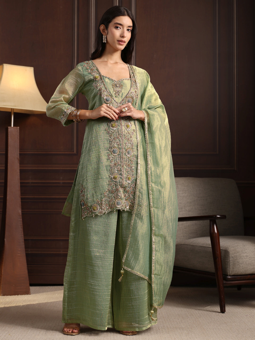  Libas Art Green Floral Embroidered Tissue Palazzo Suit Set 