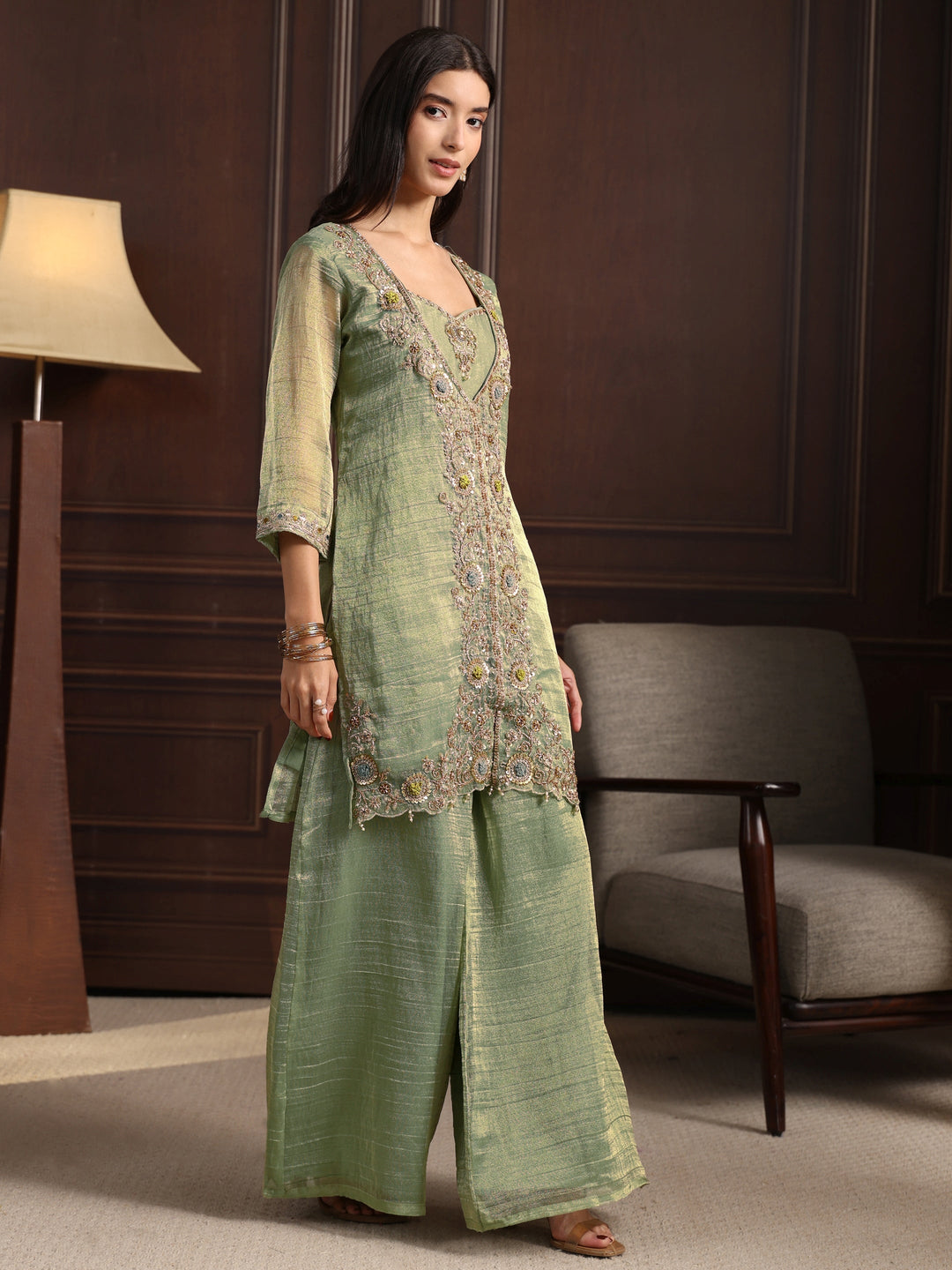  Libas Art Green Floral Embroidered Tissue Palazzo Suit Set 