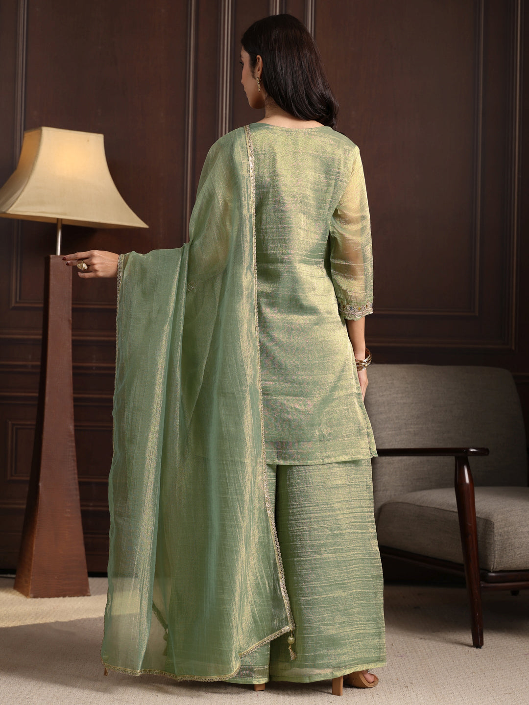  Libas Art Green Floral Embroidered Tissue Palazzo Suit Set 