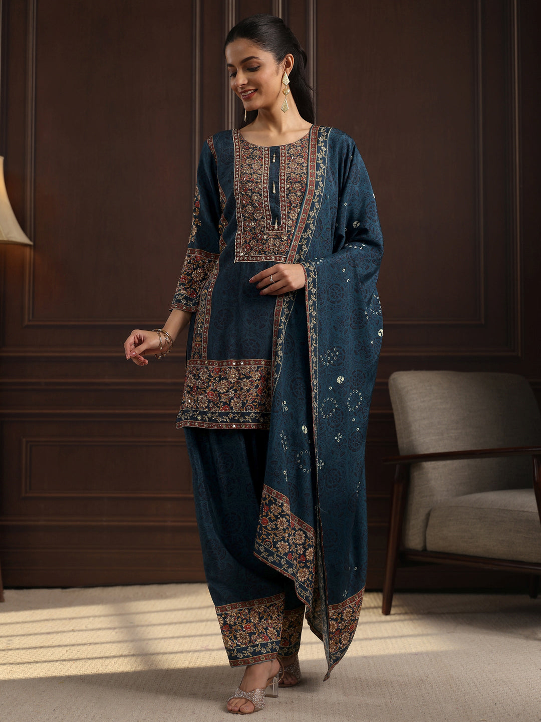  Libas Art Teal Blue Floral Printed Muslin Farshi Salwar Suit 