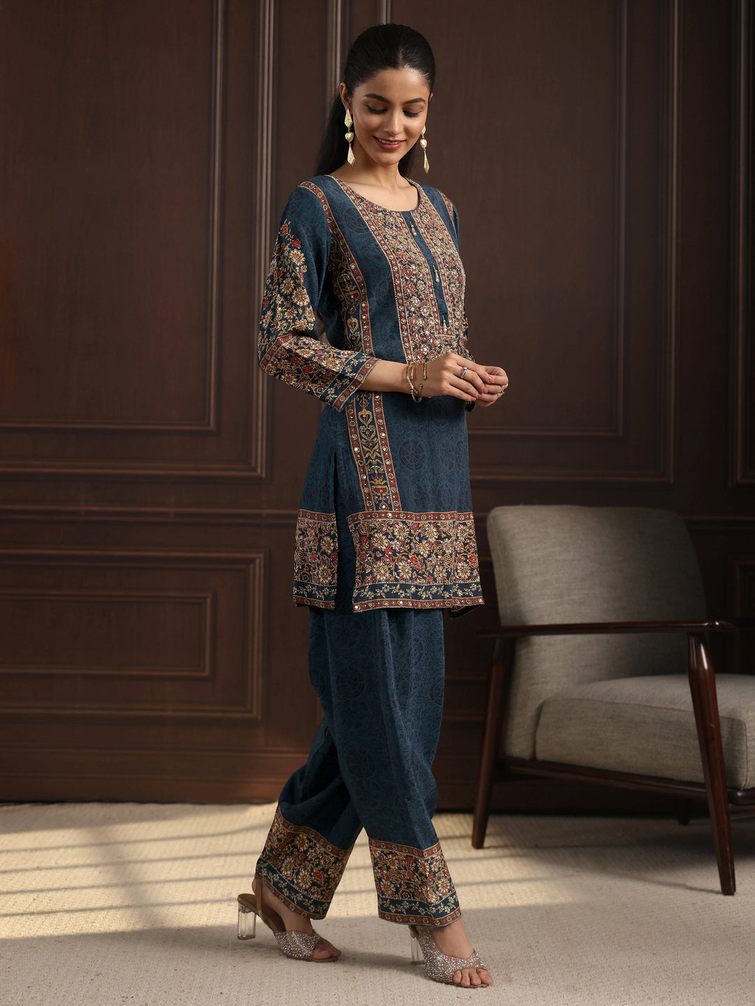  Libas Art Teal Blue Floral Printed Muslin Farshi Salwar Suit 