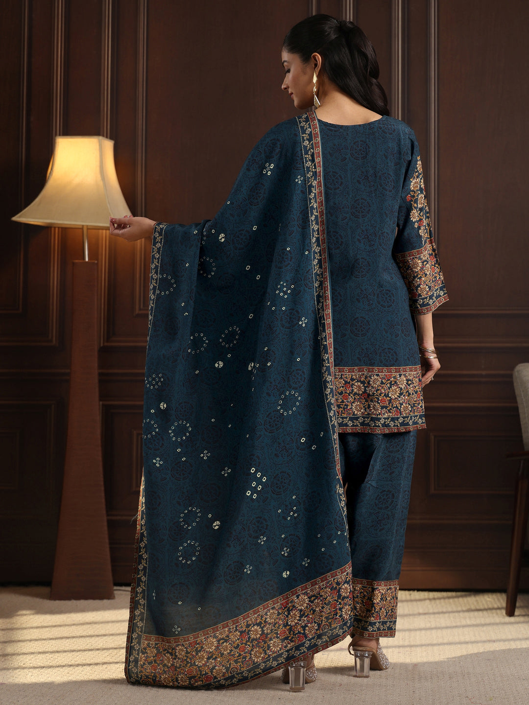  Libas Art Teal Blue Floral Printed Muslin Farshi Salwar Suit 