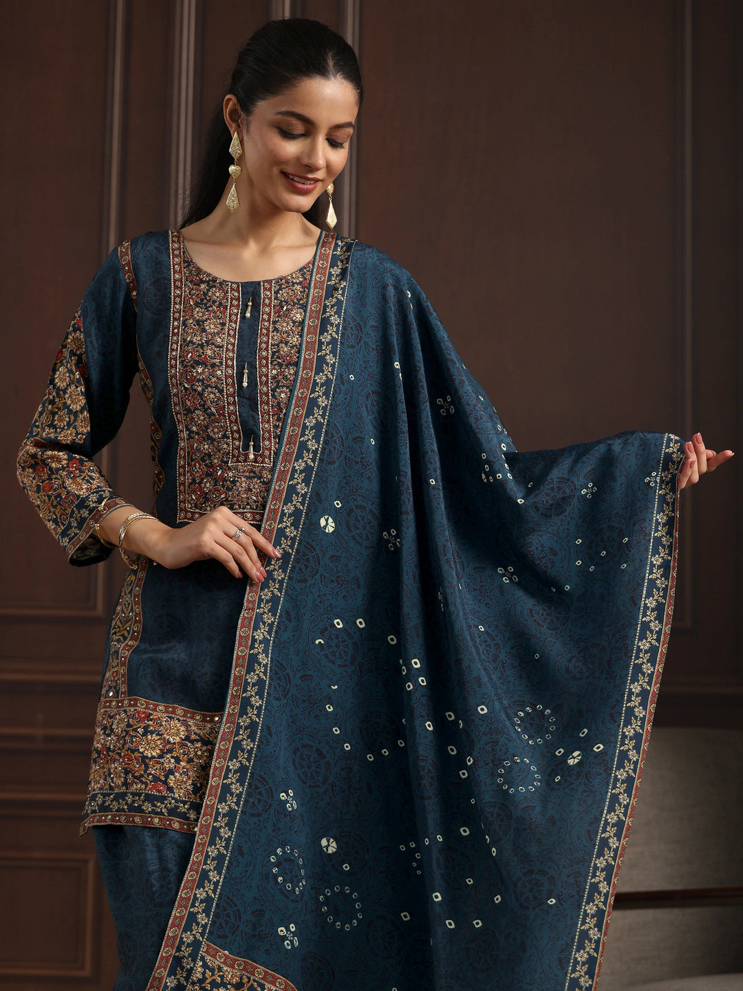  Libas Art Teal Blue Floral Printed Muslin Farshi Salwar Suit 