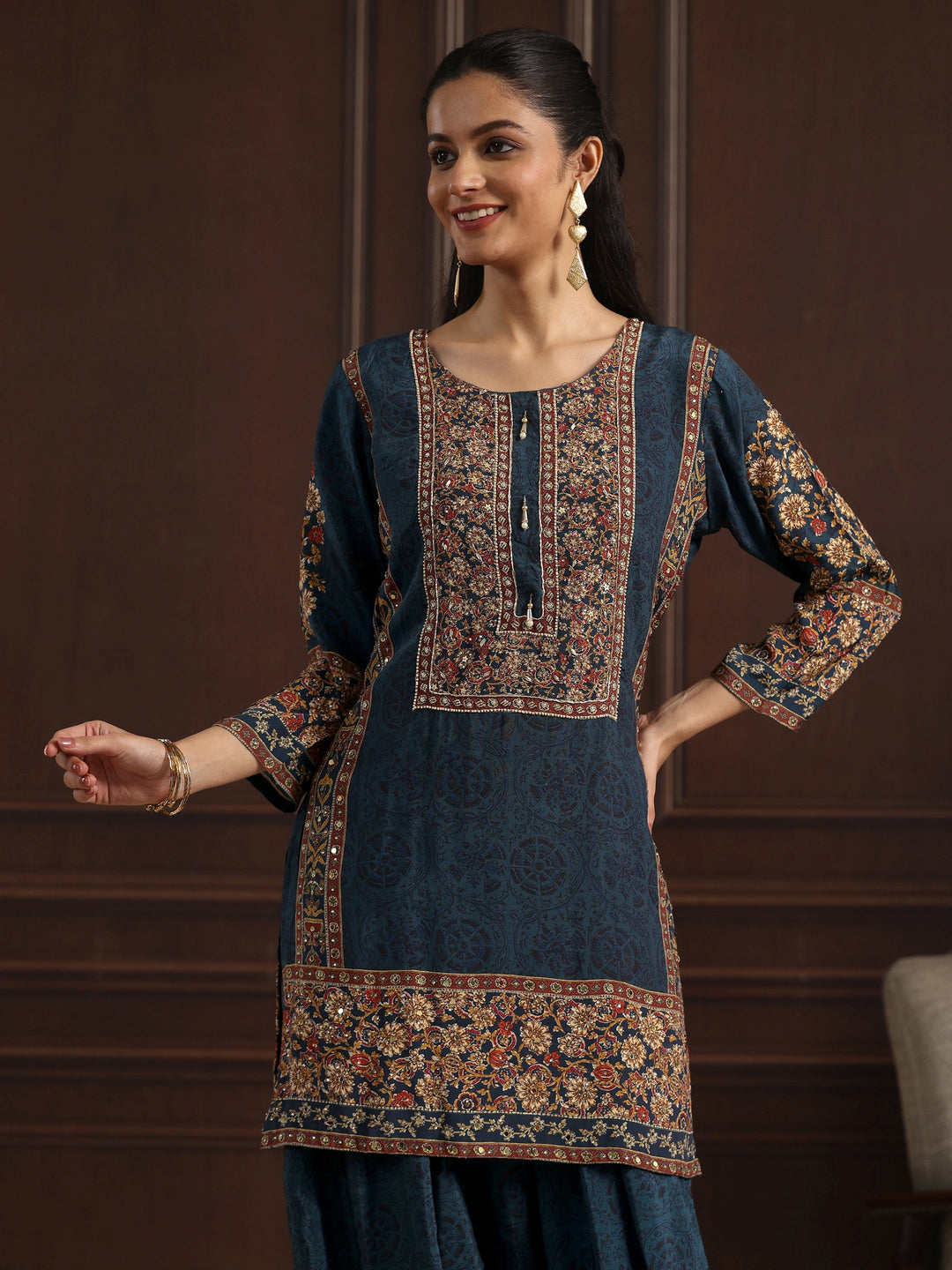  Libas Art Teal Blue Floral Printed Muslin Farshi Salwar Suit 