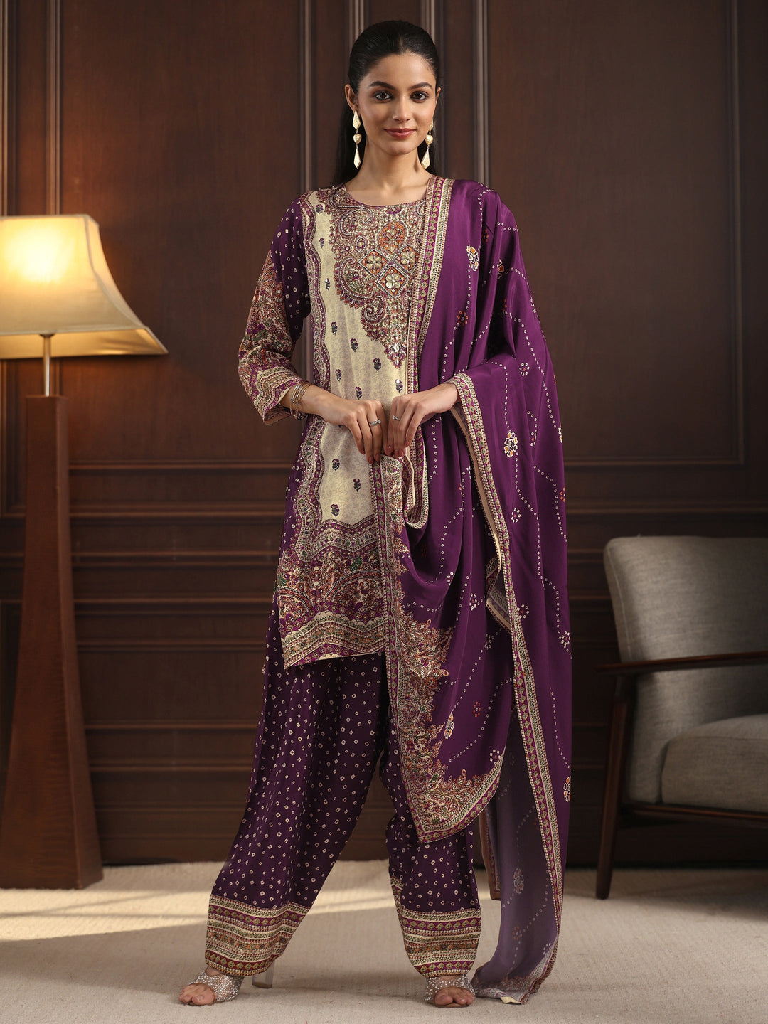  Libas Art Purple Floral Printed Muslin Farshi Salwar Suit 