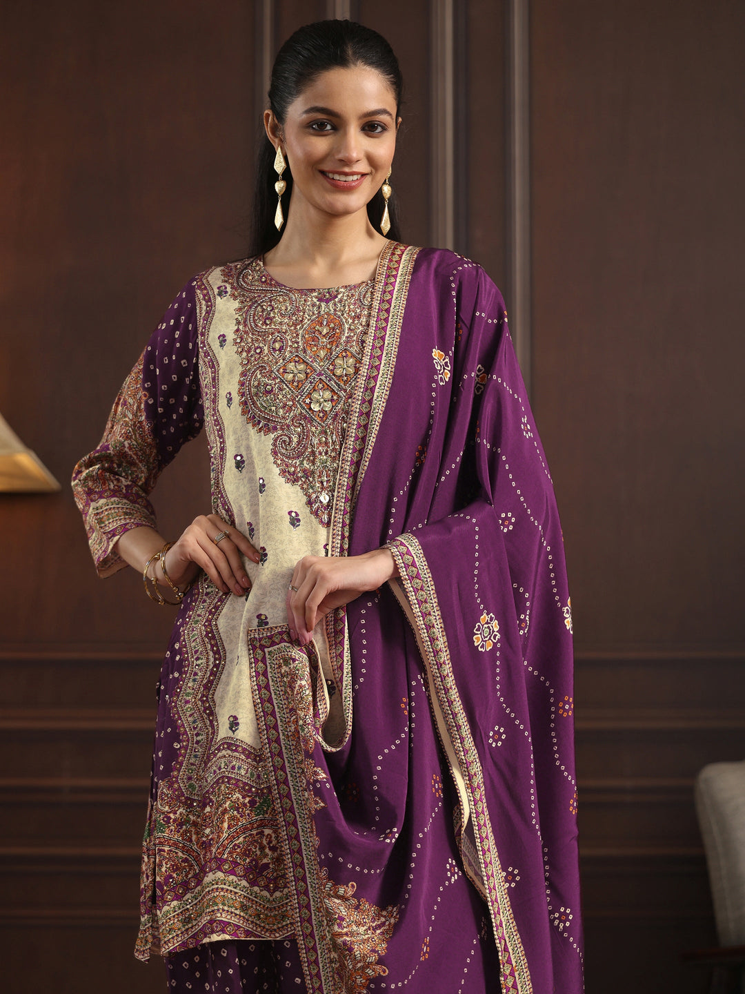  Libas Art Purple Floral Printed Muslin Farshi Salwar Suit 