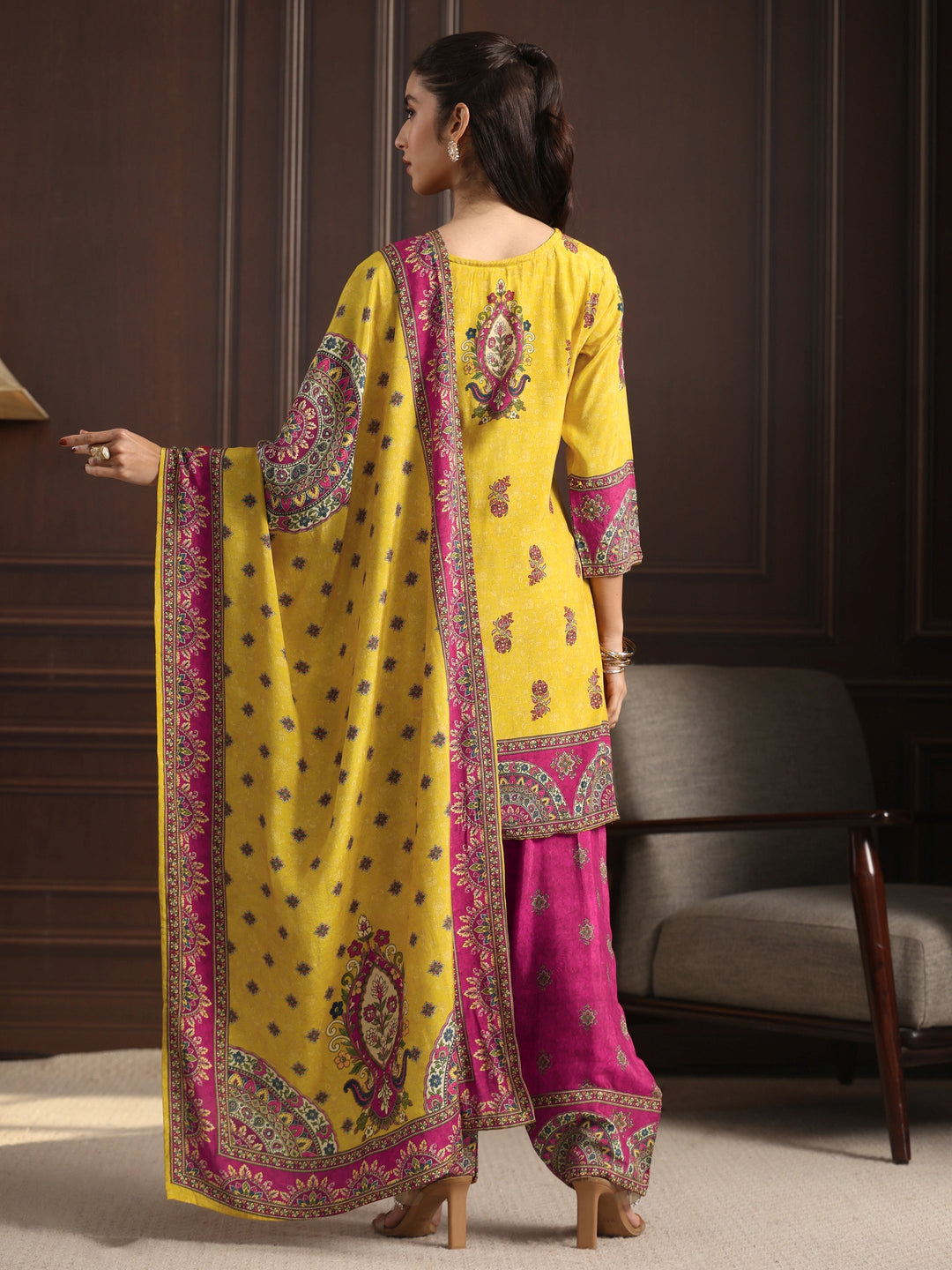  Libas Art Mustard Floral Printed Muslin Farshi Salwar Suit 