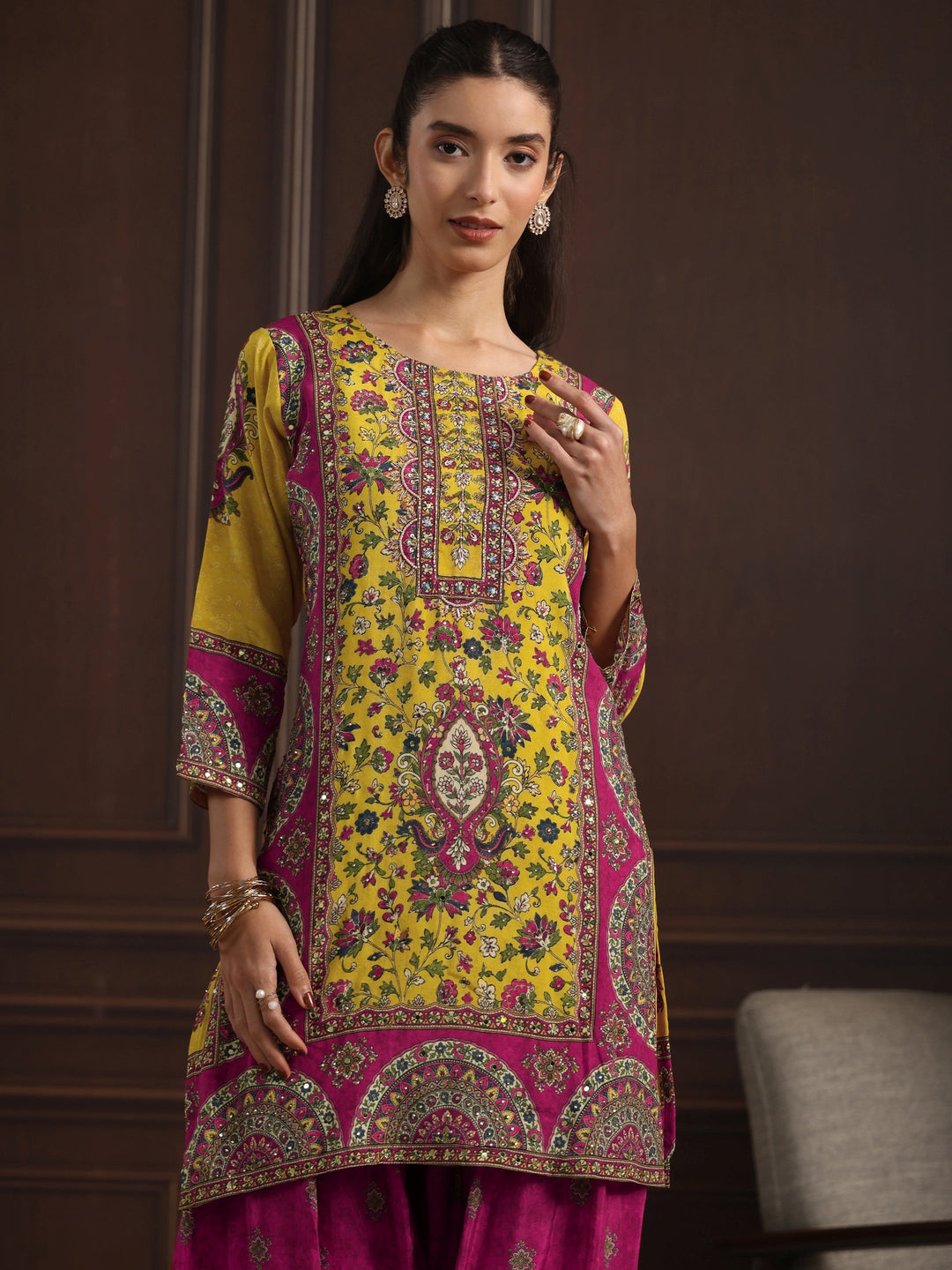  Libas Art Mustard Floral Printed Muslin Farshi Salwar Suit 
