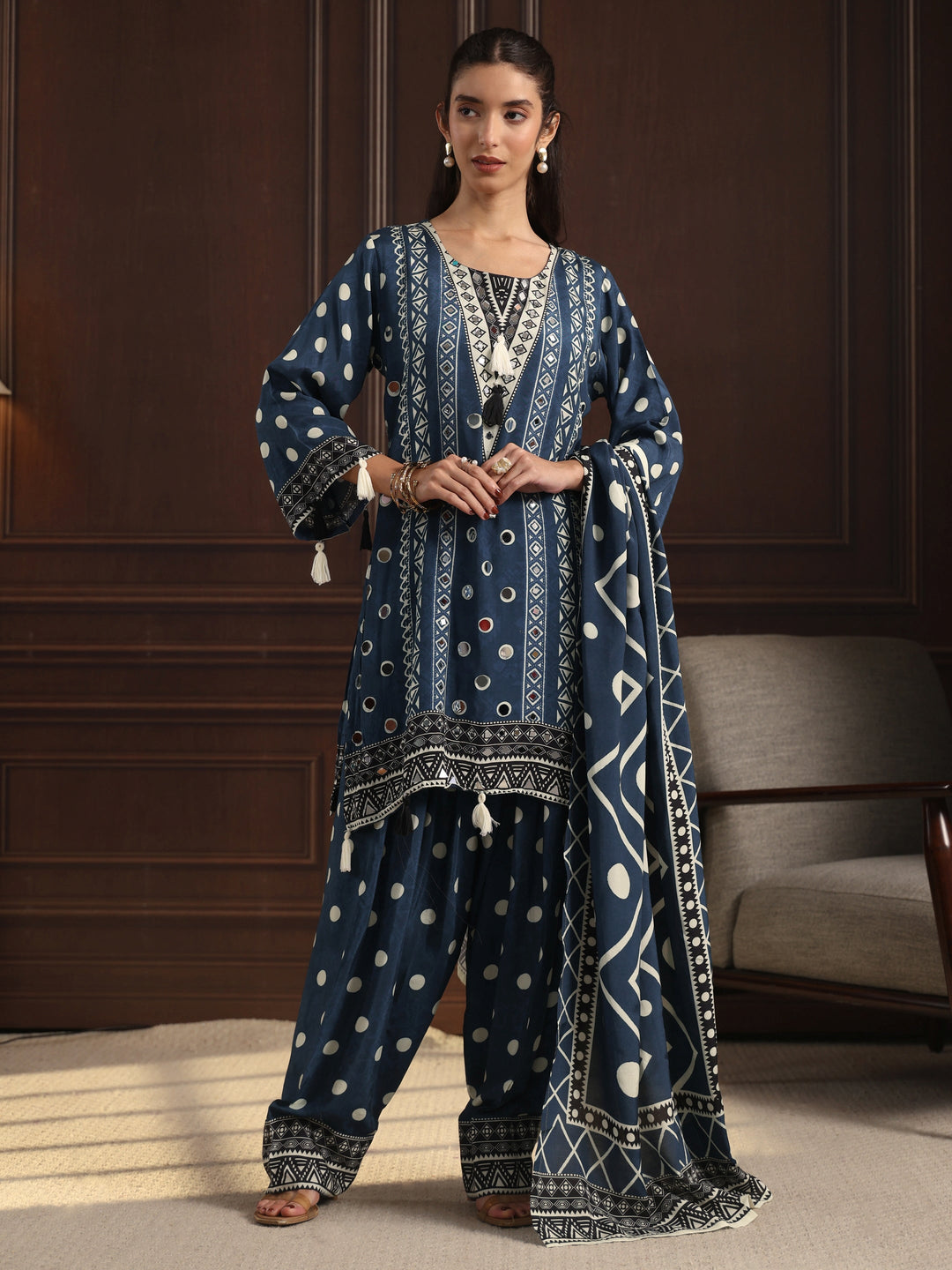  Libas Teal Blue Geometric Printed Muslin Farshi Salwar Suit 