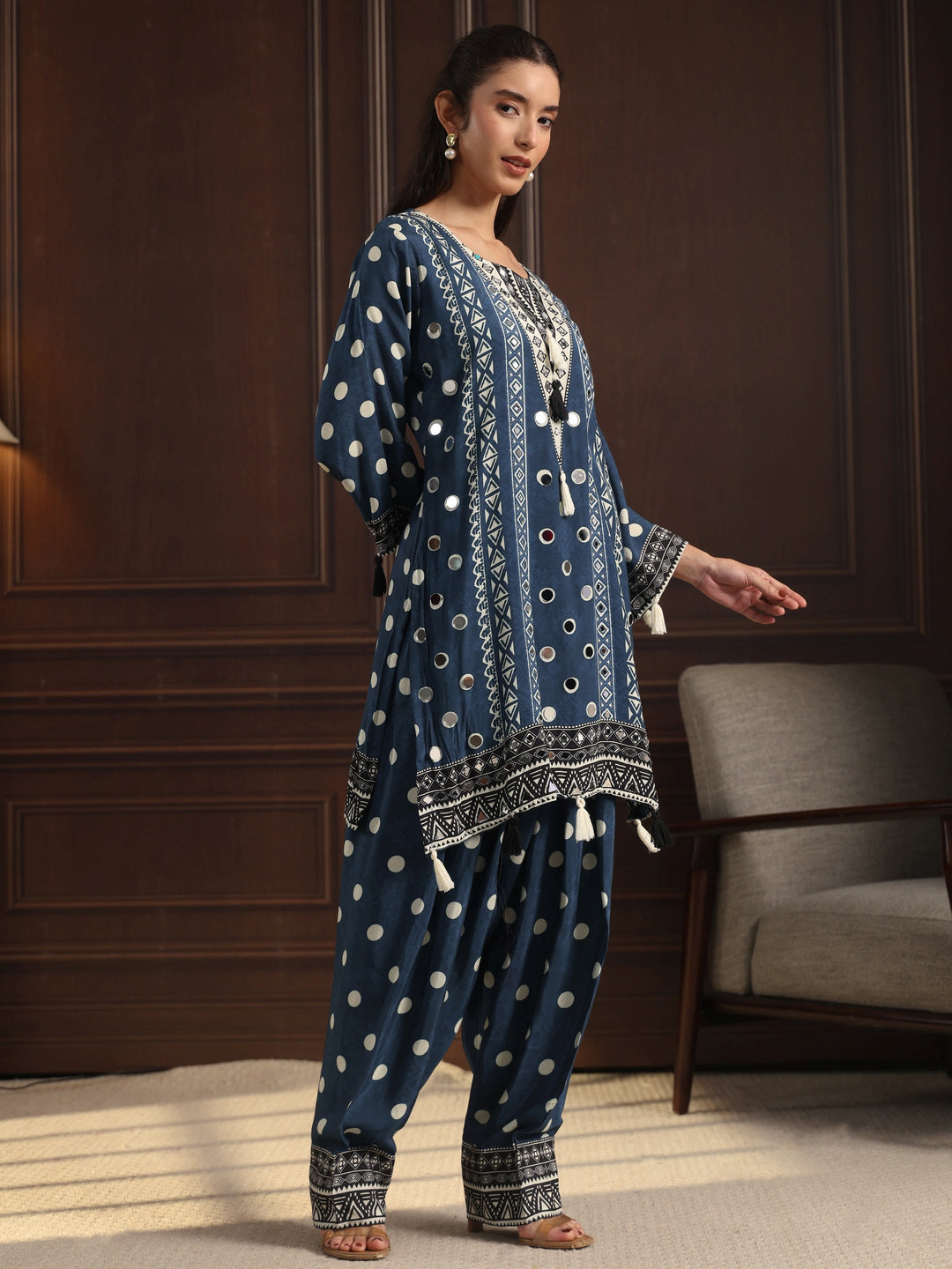  Libas Teal Blue Geometric Printed Muslin Farshi Salwar Suit 