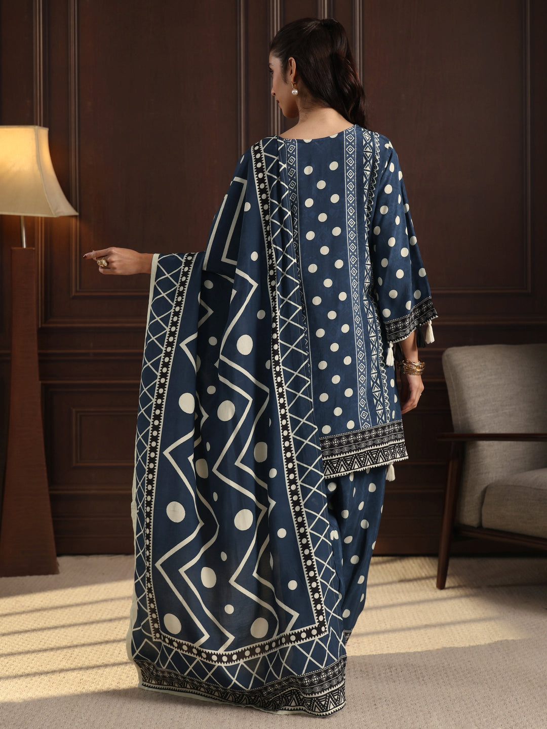  Libas Teal Blue Geometric Printed Muslin Farshi Salwar Suit 