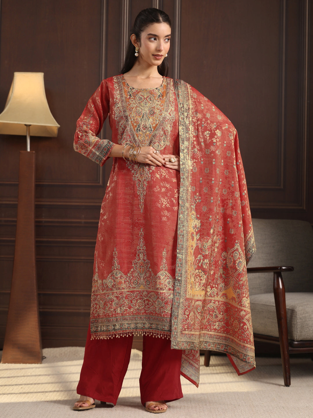  Libas Art Red Floral Embroidered Chanderi Silk Straight Suit Set 