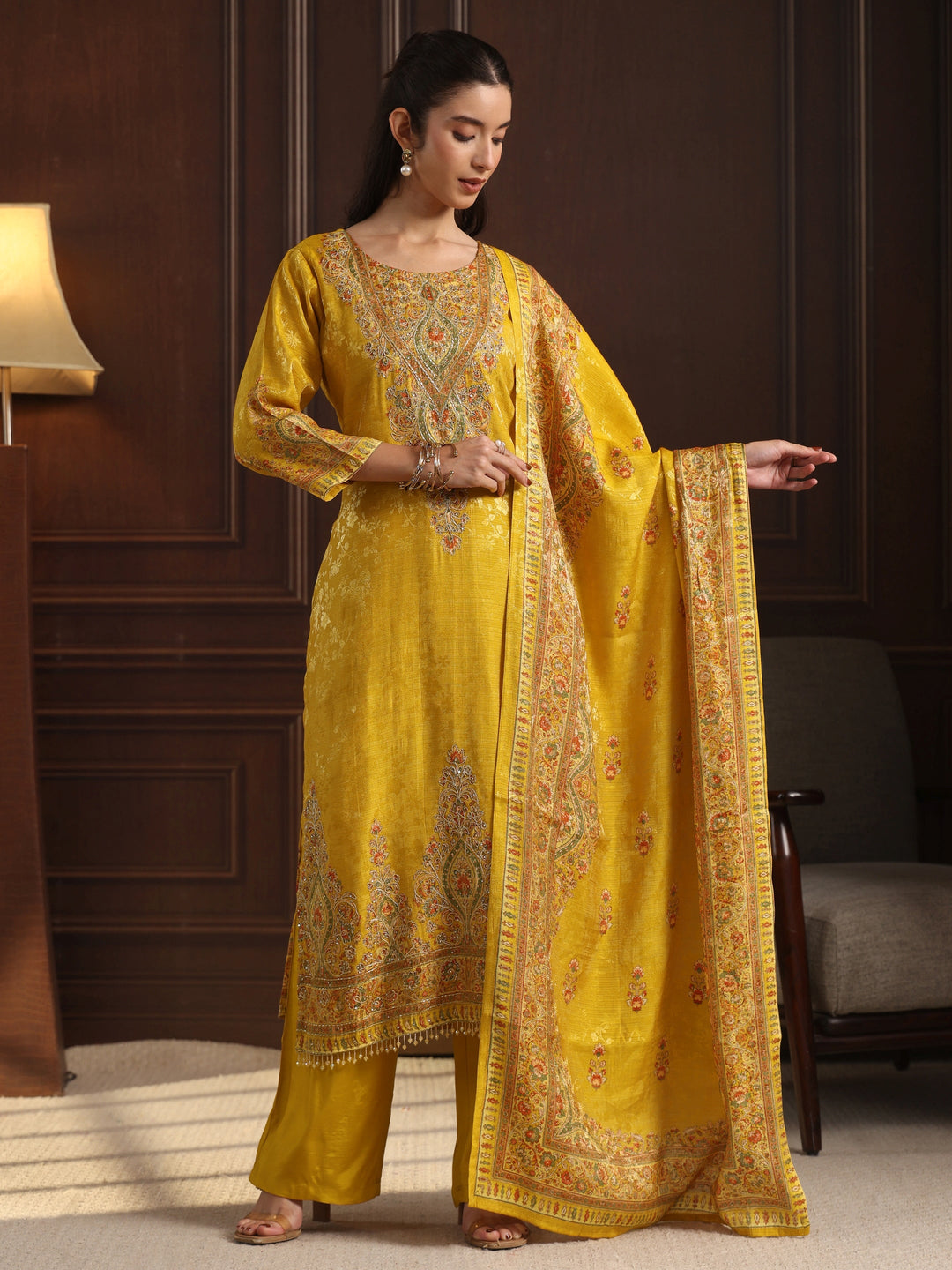  Libas Art Mustard Floral Embroidered Chanderi Silk Straight Suit Set 