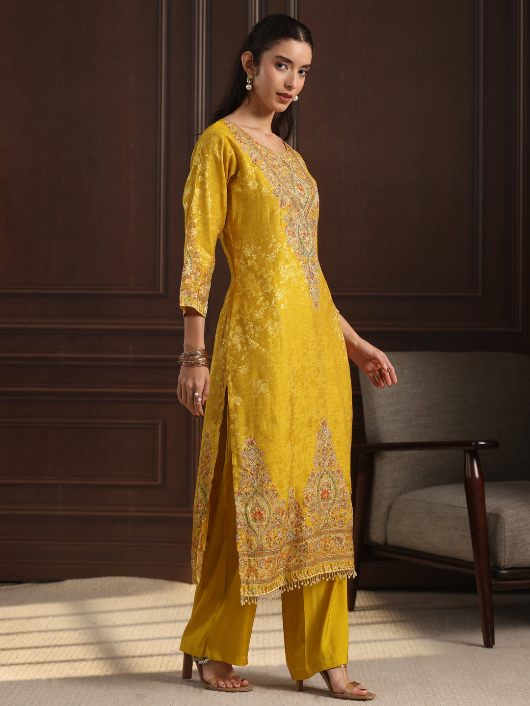  Libas Art Mustard Floral Embroidered Chanderi Silk Straight Suit Set 