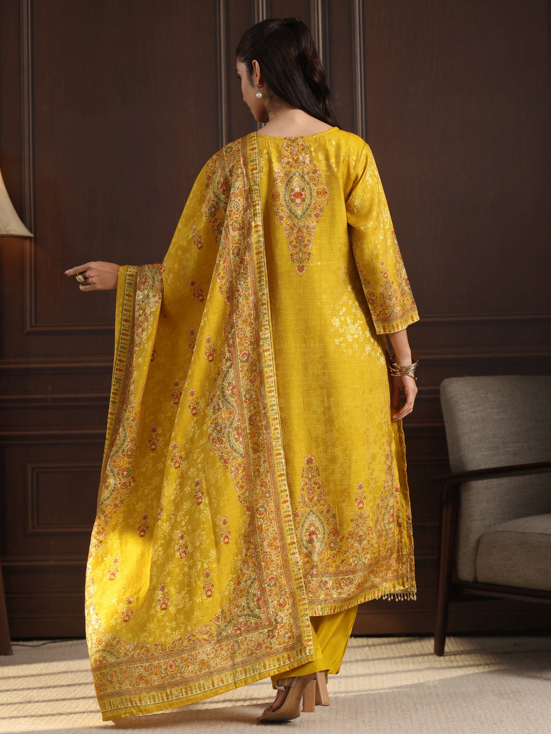  Libas Art Mustard Floral Embroidered Chanderi Silk Straight Suit Set 