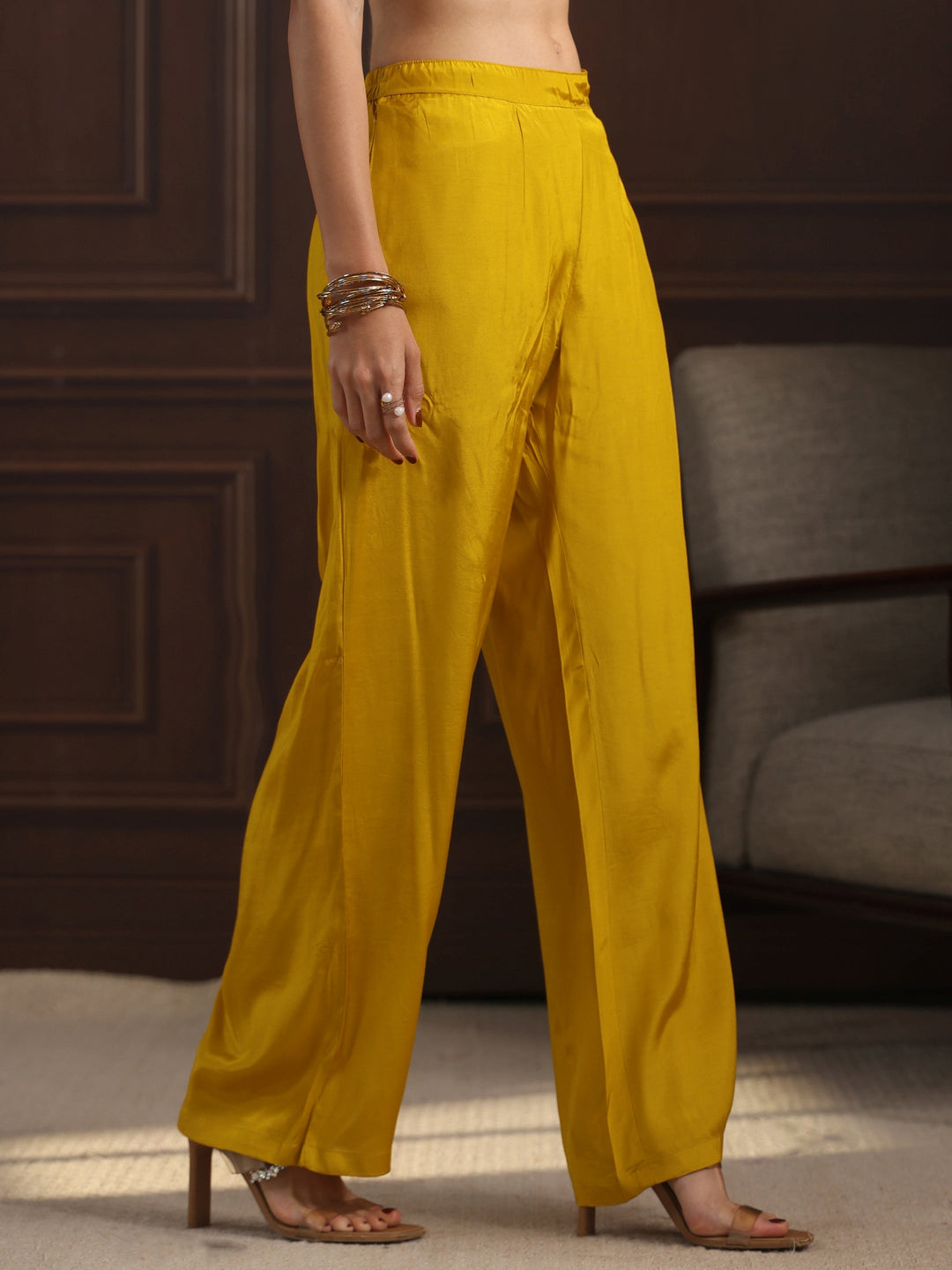  Libas Art Mustard Floral Embroidered Chanderi Silk Straight Suit Set 