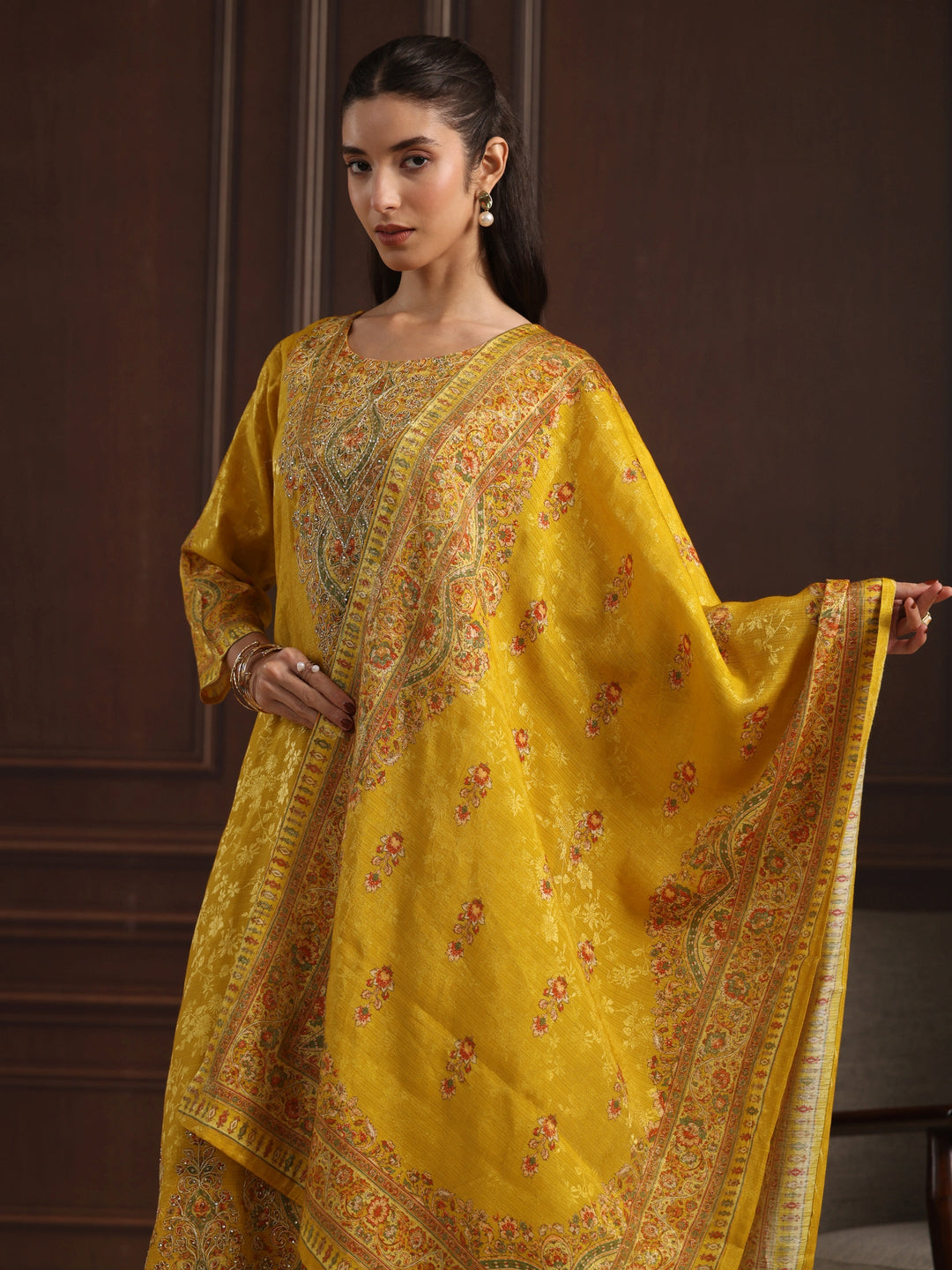  Libas Art Mustard Floral Embroidered Chanderi Silk Straight Suit Set 