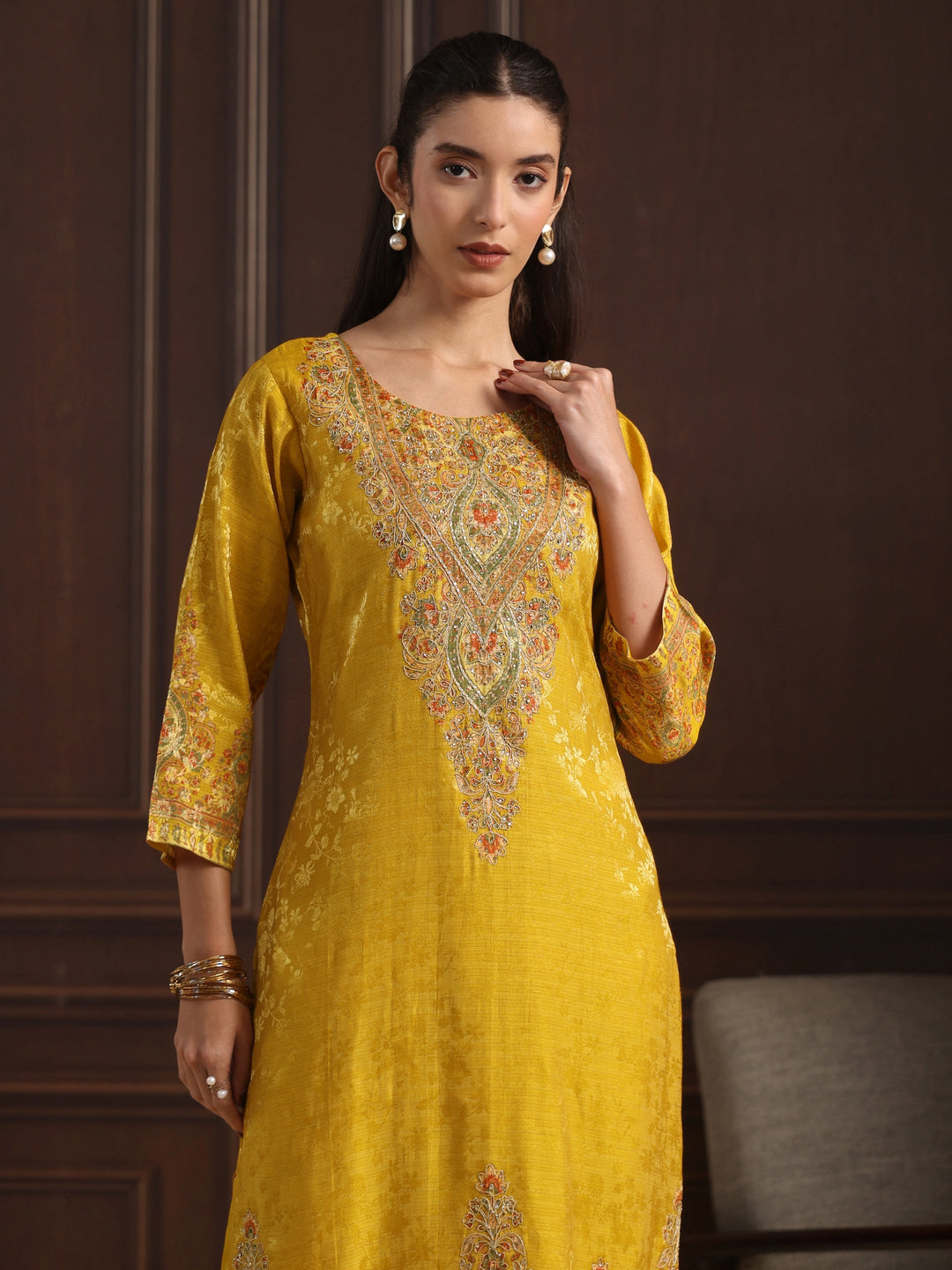  Libas Art Mustard Floral Embroidered Chanderi Silk Straight Suit Set 