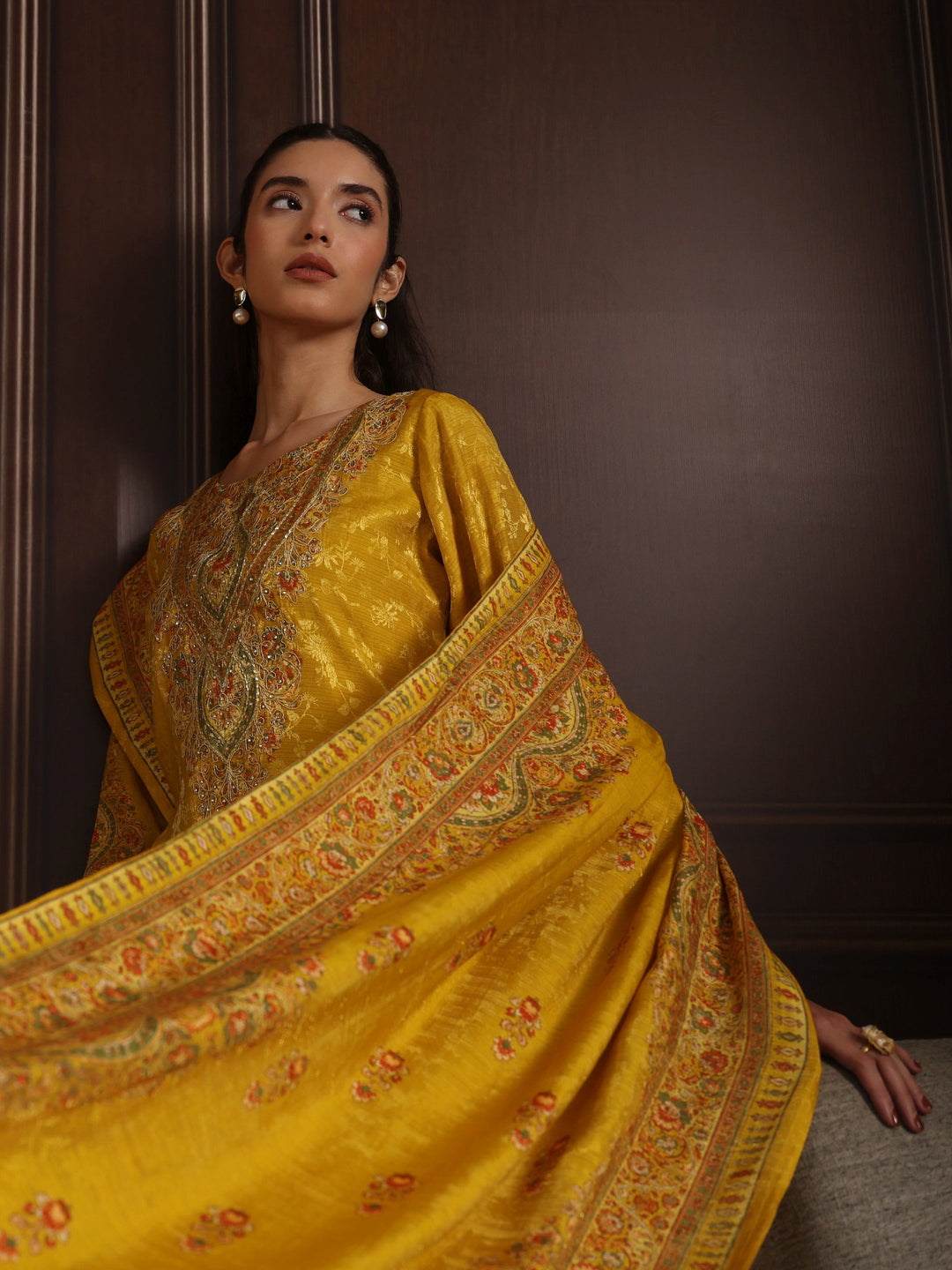  Libas Art Mustard Floral Embroidered Chanderi Silk Straight Suit Set 