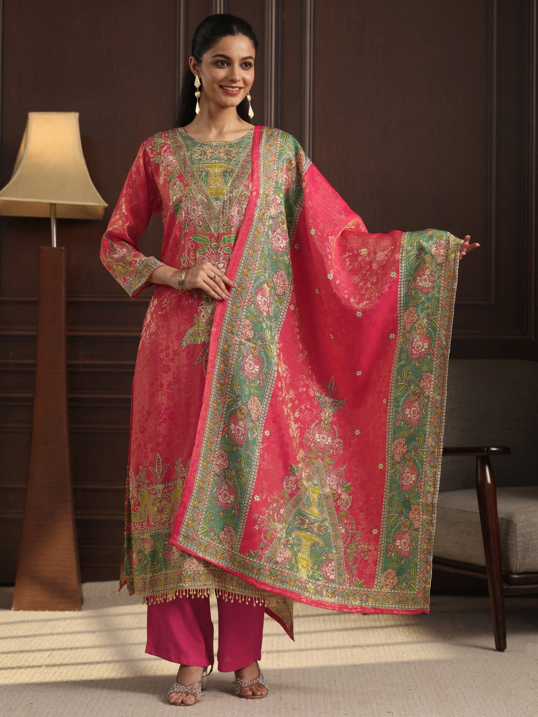  Libas Art Pink Floral Embroidered Chanderi Silk Straight Suit Set 