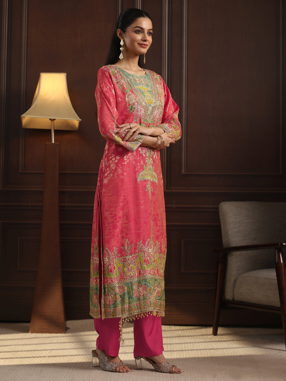  Libas Art Pink Floral Embroidered Chanderi Silk Straight Suit Set 