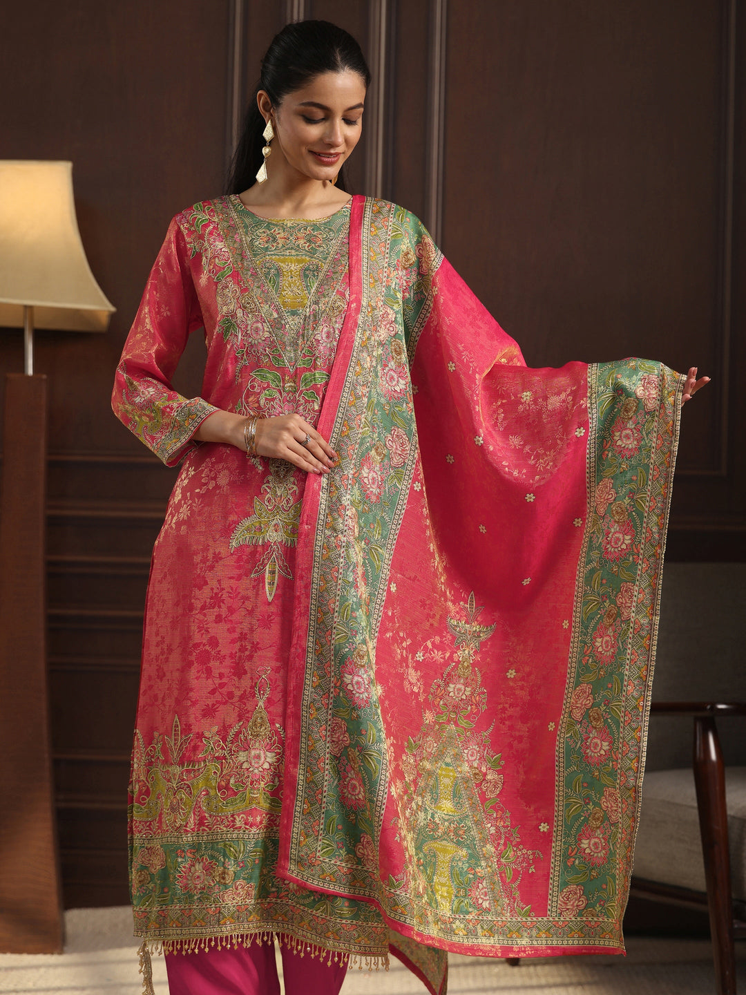  Libas Art Pink Floral Embroidered Chanderi Silk Straight Suit Set 