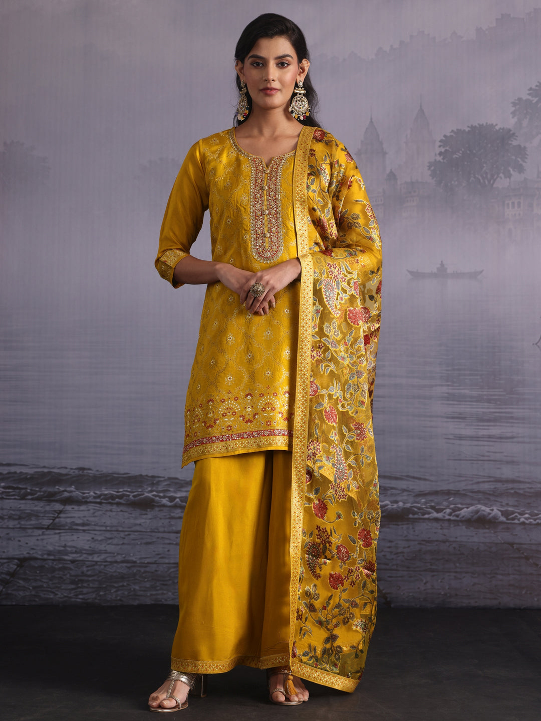  Libas Mustard Embellished Silk Blend Palazzo Suit Set 