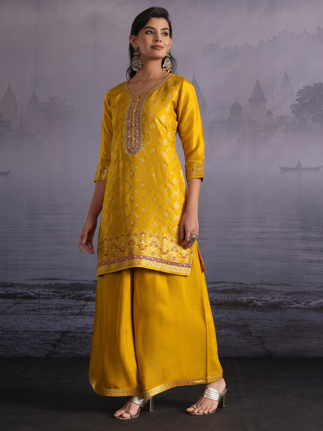  Libas Mustard Embellished Silk Blend Palazzo Suit Set 