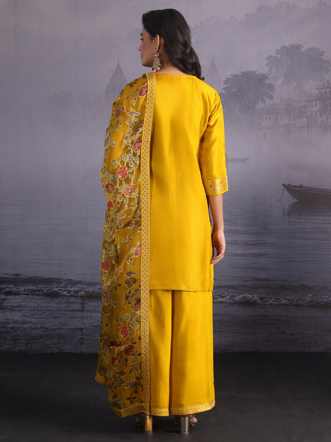  Libas Mustard Embellished Silk Blend Palazzo Suit Set 