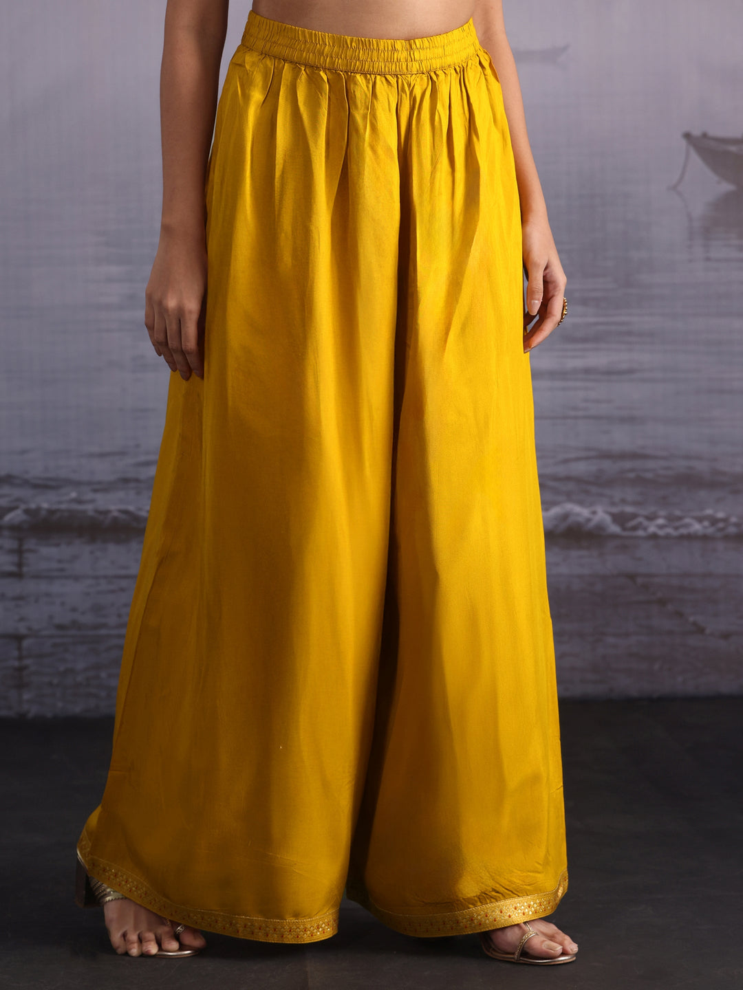  Libas Mustard Embellished Silk Blend Palazzo Suit Set 