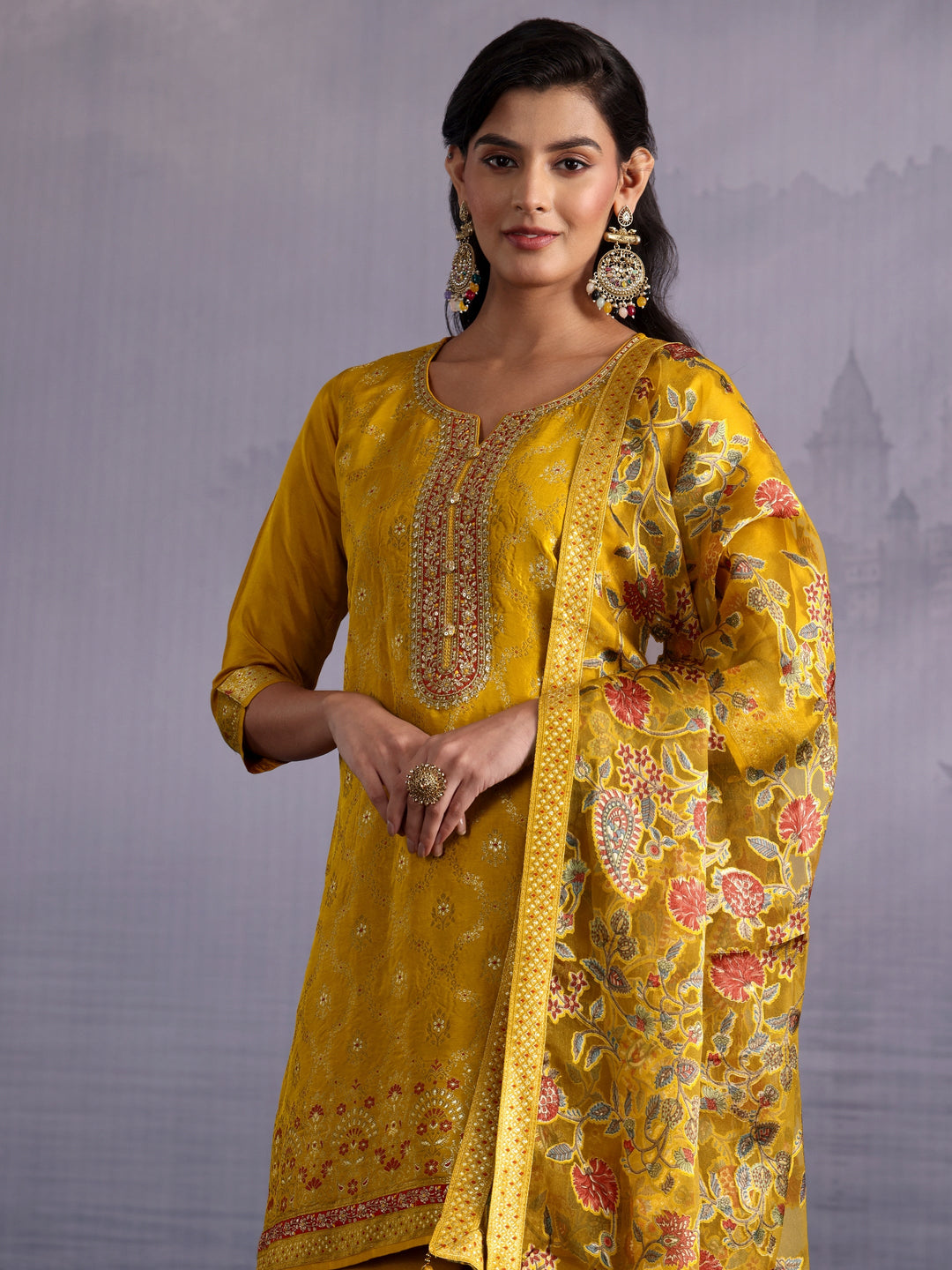  Libas Mustard Embellished Silk Blend Palazzo Suit Set 
