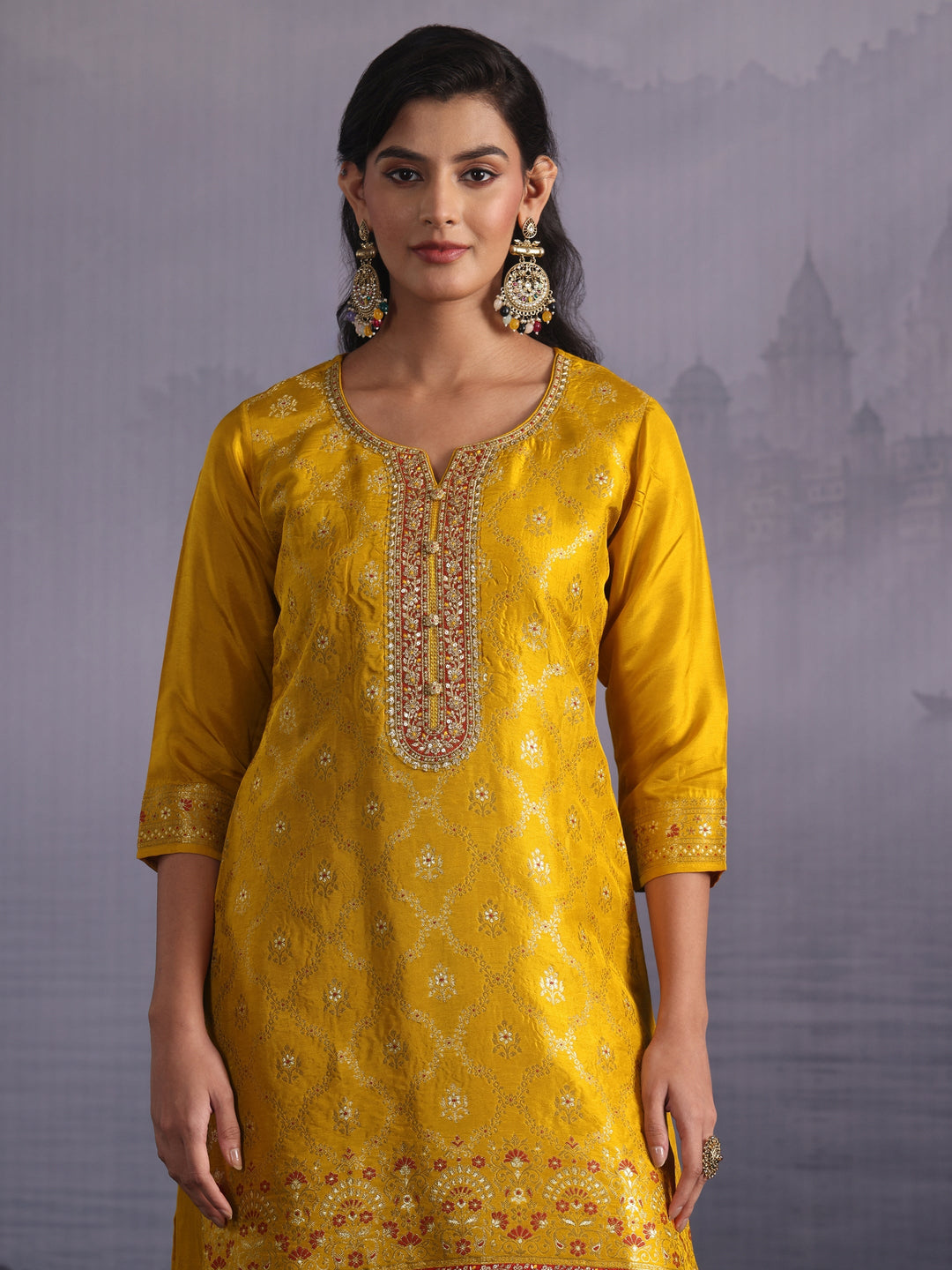  Libas Mustard Embellished Silk Blend Palazzo Suit Set 