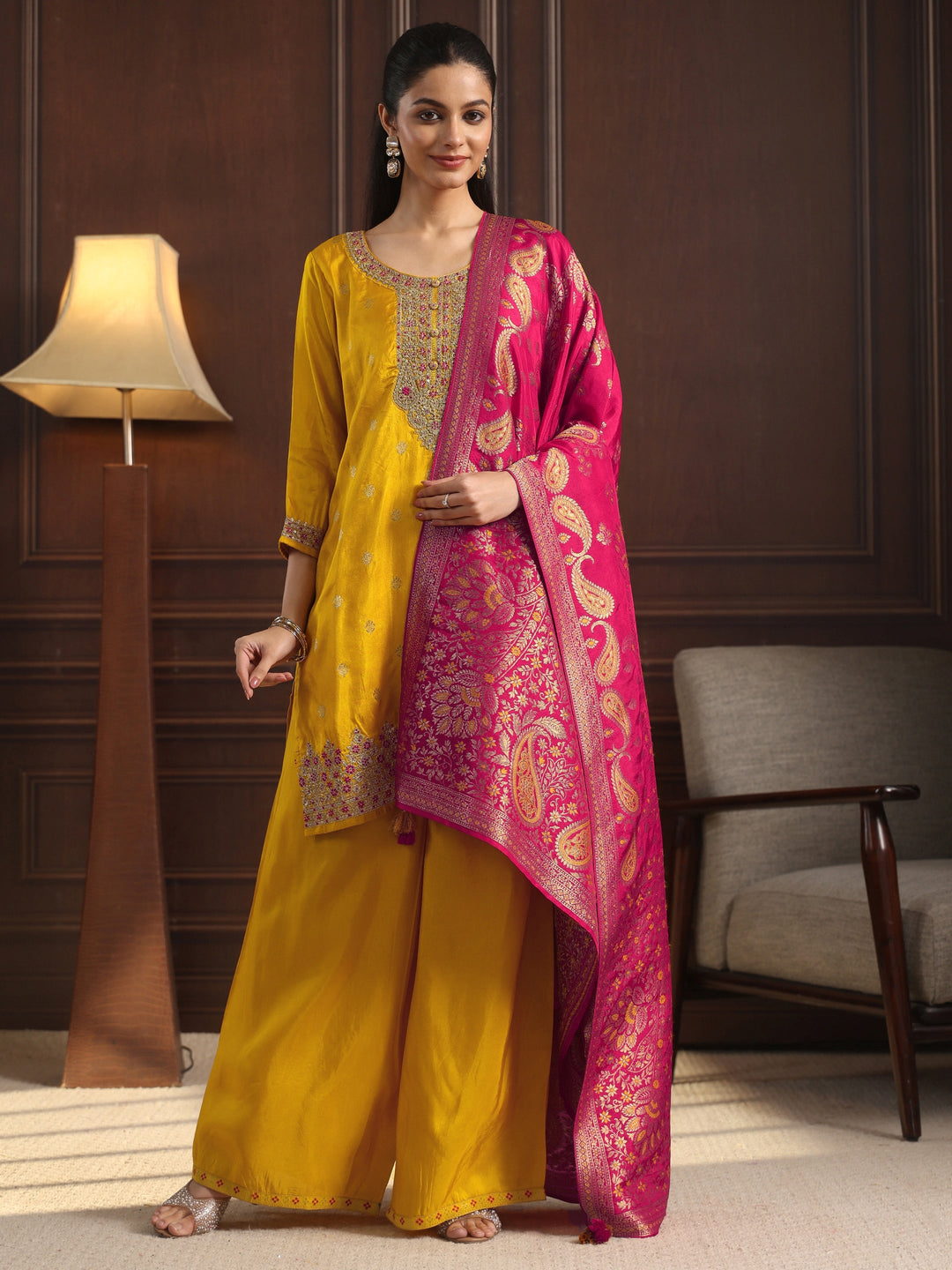  Libas Mustard Floral Embroidered Silk Blend Palazzo Suit Set 