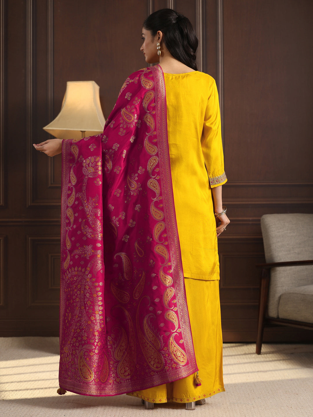  Libas Mustard Floral Embroidered Silk Blend Palazzo Suit Set 