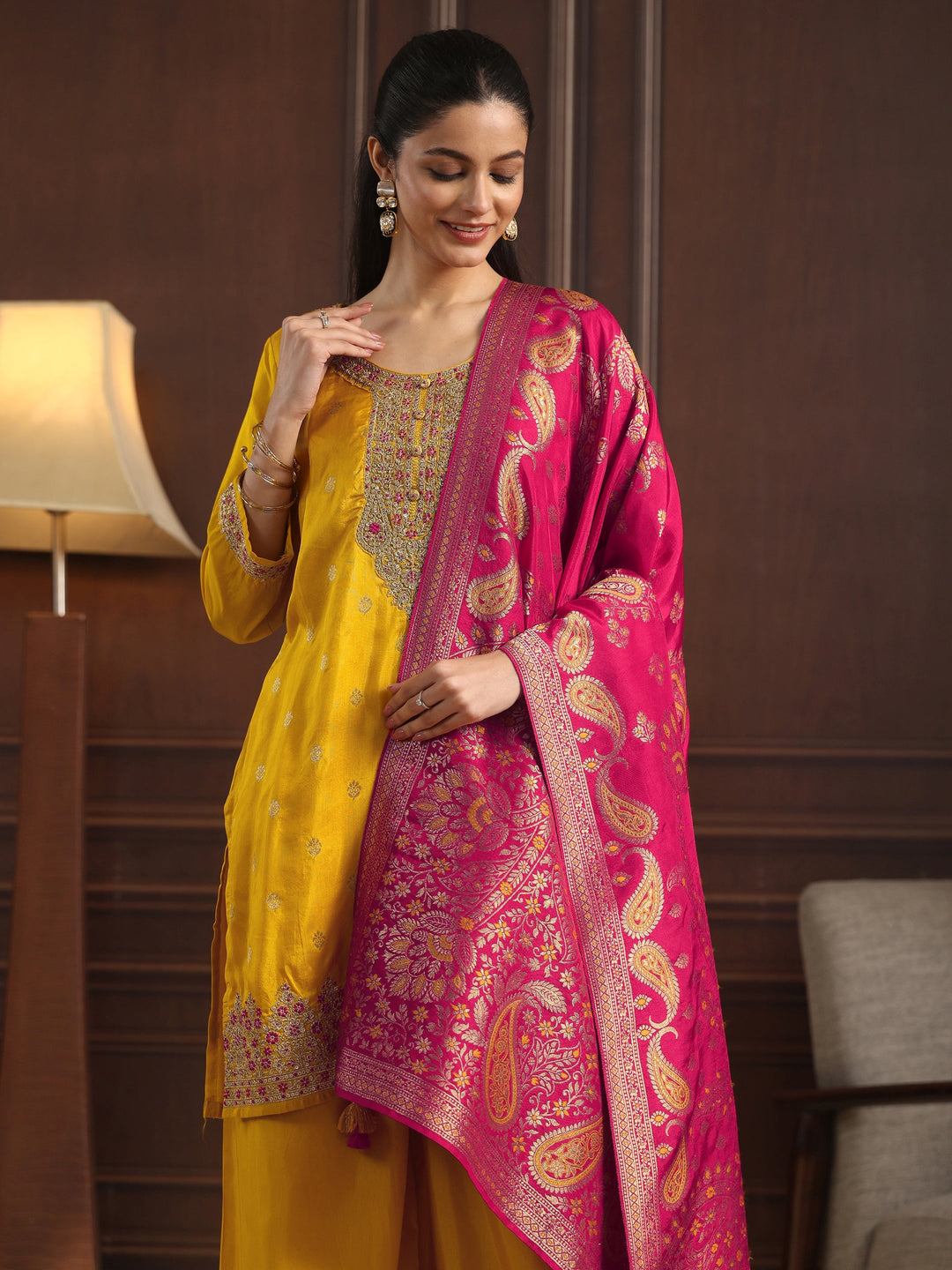 Libas Mustard Floral Embroidered Silk Blend Palazzo Suit Set 