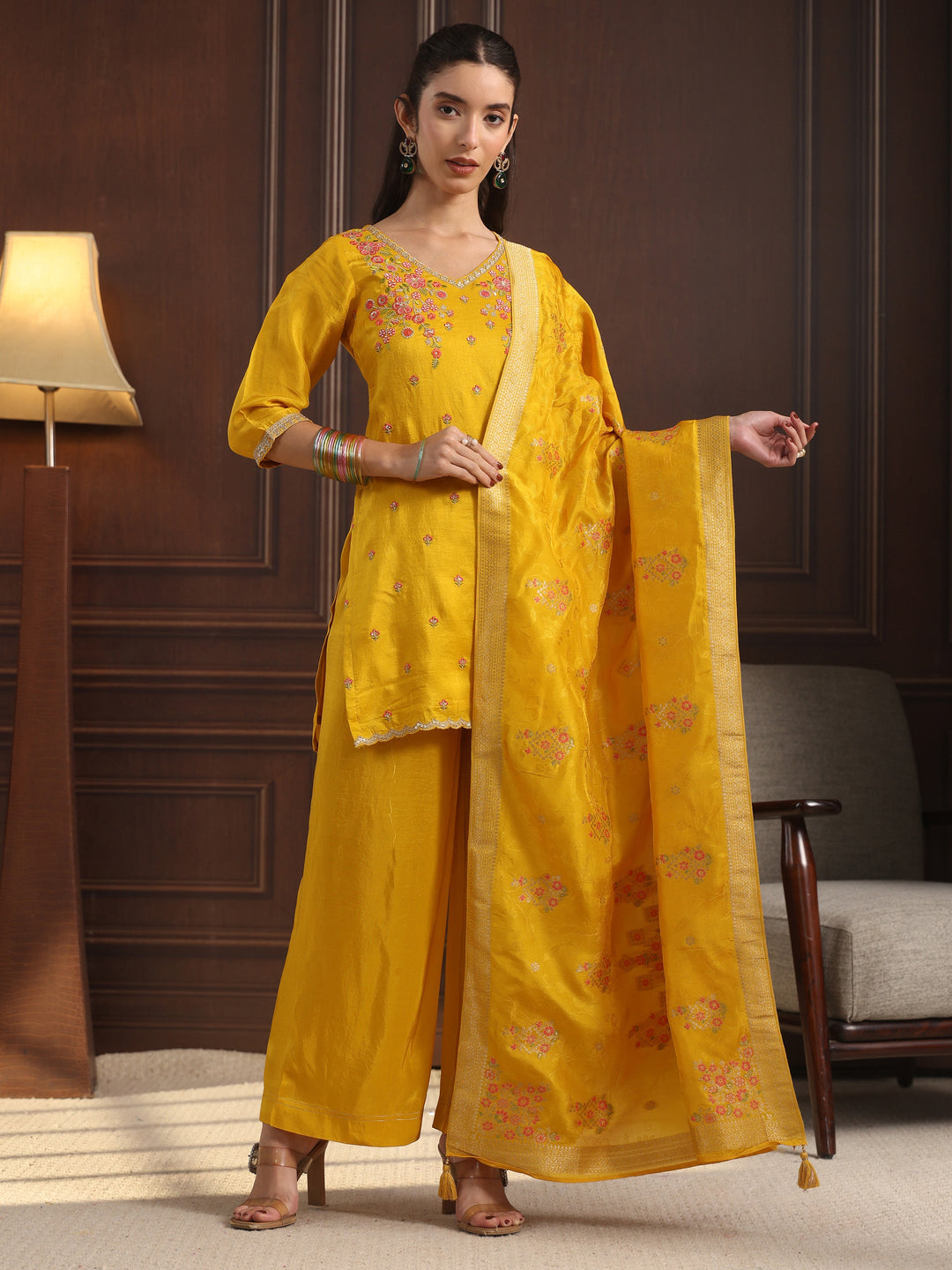  Libas Mustard Floral Embroidered Silk Blend Palazzo Suit Set 
