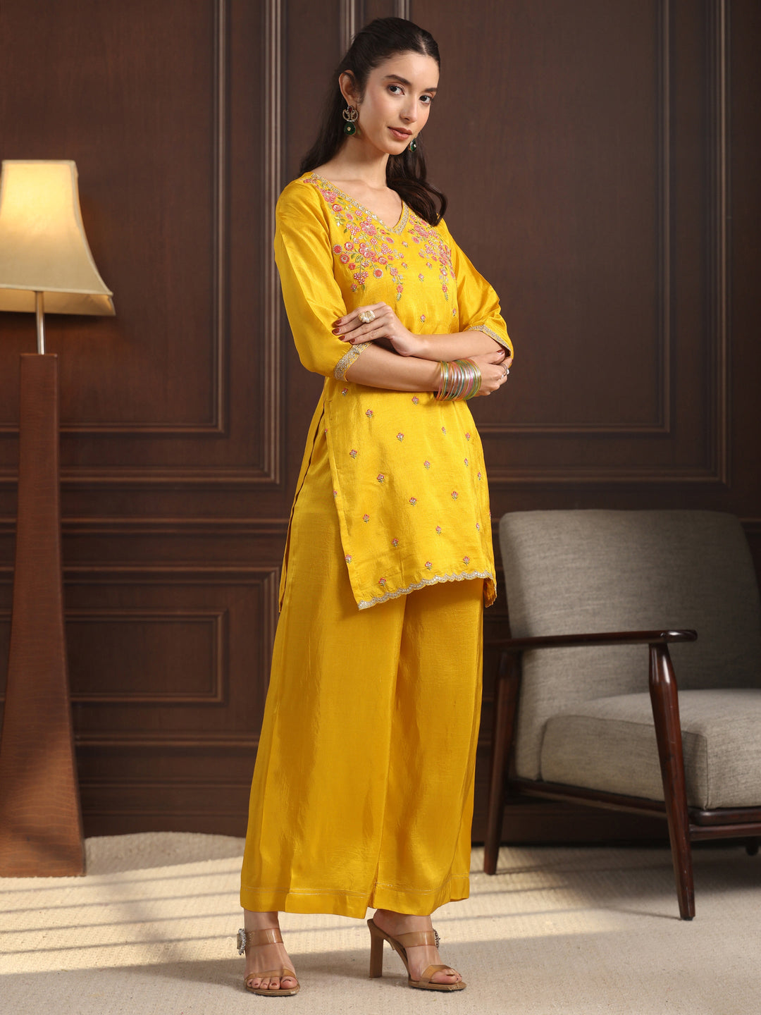  Libas Mustard Floral Embroidered Silk Blend Palazzo Suit Set 