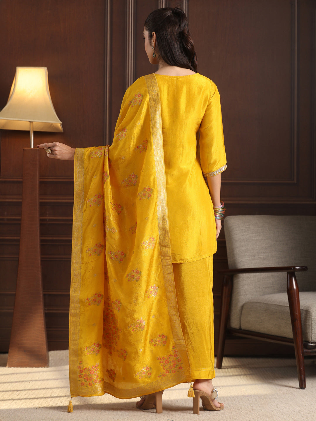  Libas Mustard Floral Embroidered Silk Blend Palazzo Suit Set 