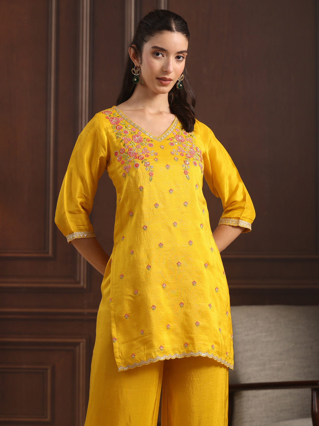  Libas Mustard Floral Embroidered Silk Blend Palazzo Suit Set 